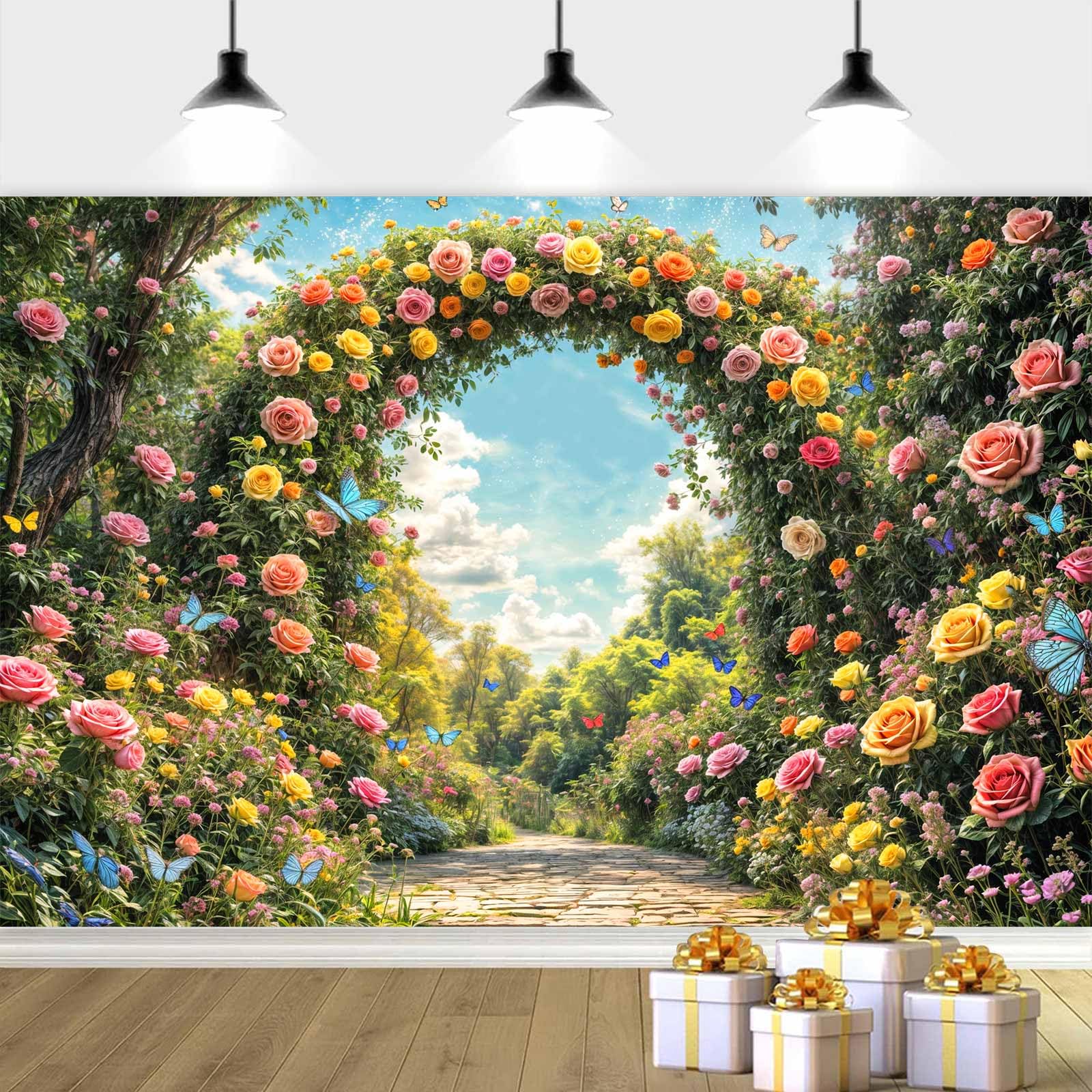 7X5ft Spring Garden Backdrop, Spring Forest Backdrop Flowers and Butterflies Photography Background, Nature Scenery Background for Birthday, Wedding