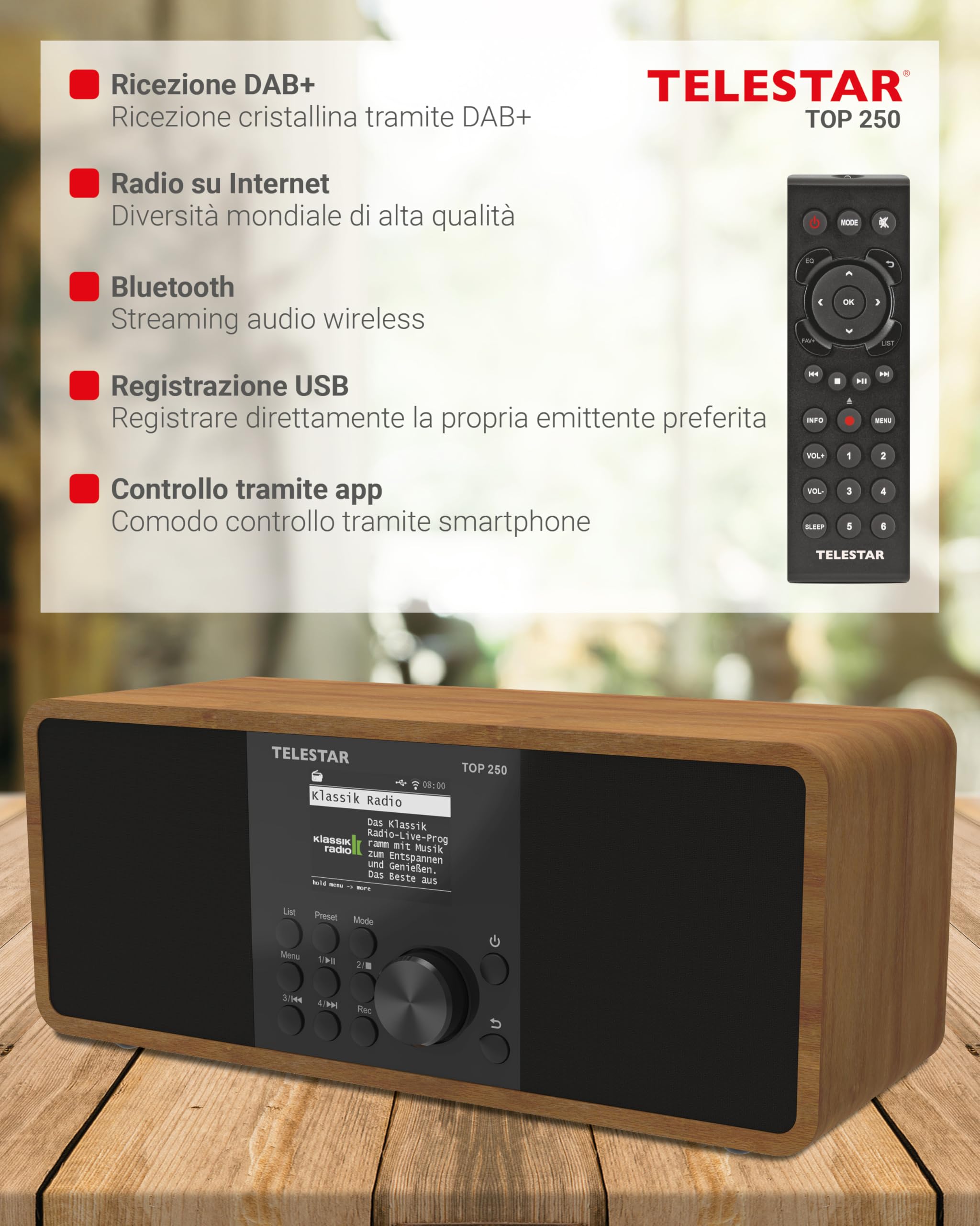 TELESTAR TOP 250 Radio DAB+ Internet Bluetooth Audio-Streaming 2x10W USB registrazione Legno