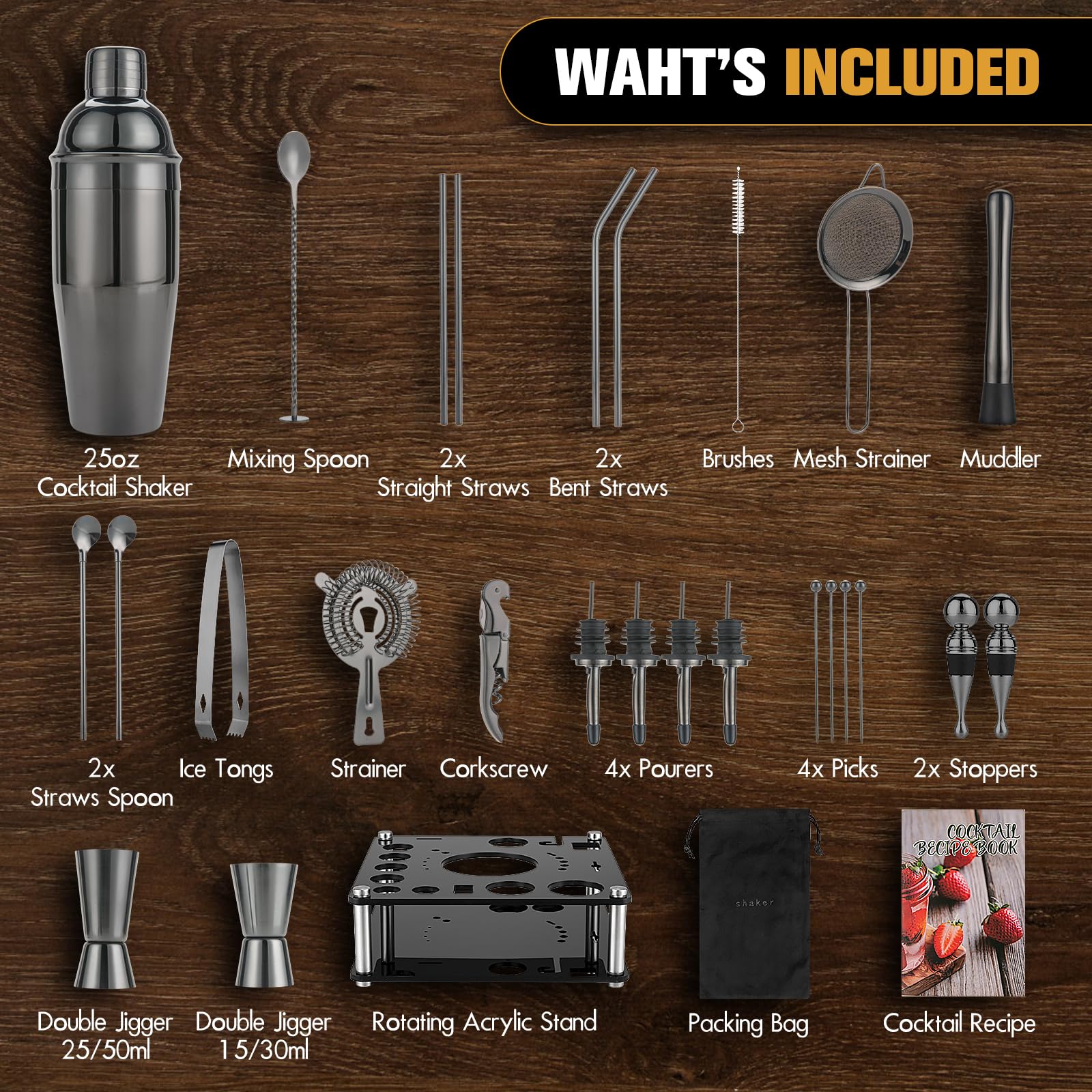 KINGROW Mixology - Set di shaker per cocktail, kit completo da 29 pezzi per barista e strumenti da bar con supporto rotante in acrilico, set professionale da bar per mescolare bevande, casa, bar,
