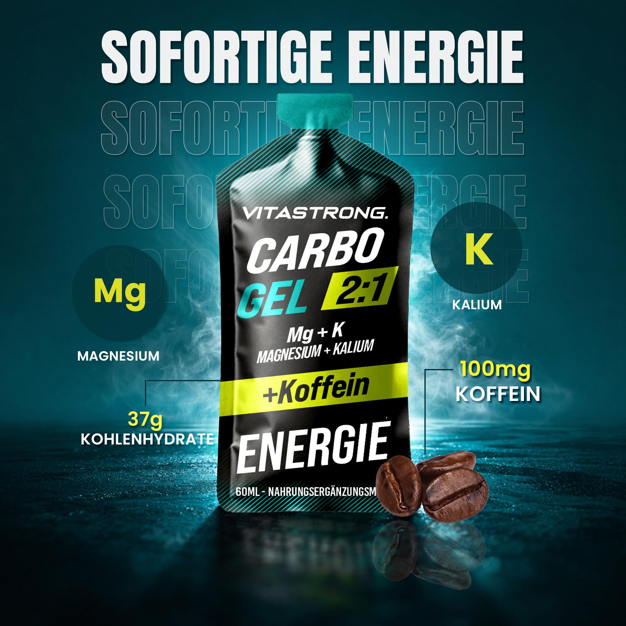 Vitastrong Carbo Gel 2:1 Energy, 24 x 60ml Monodosis, 40g Kohlenhydraten, 56mg Magnesium und 300mg Kalium/Portion, Maltodextrin für Intra-Workout (60ml (24er-Packung), Kohlenhydratgel mit Koffein)
