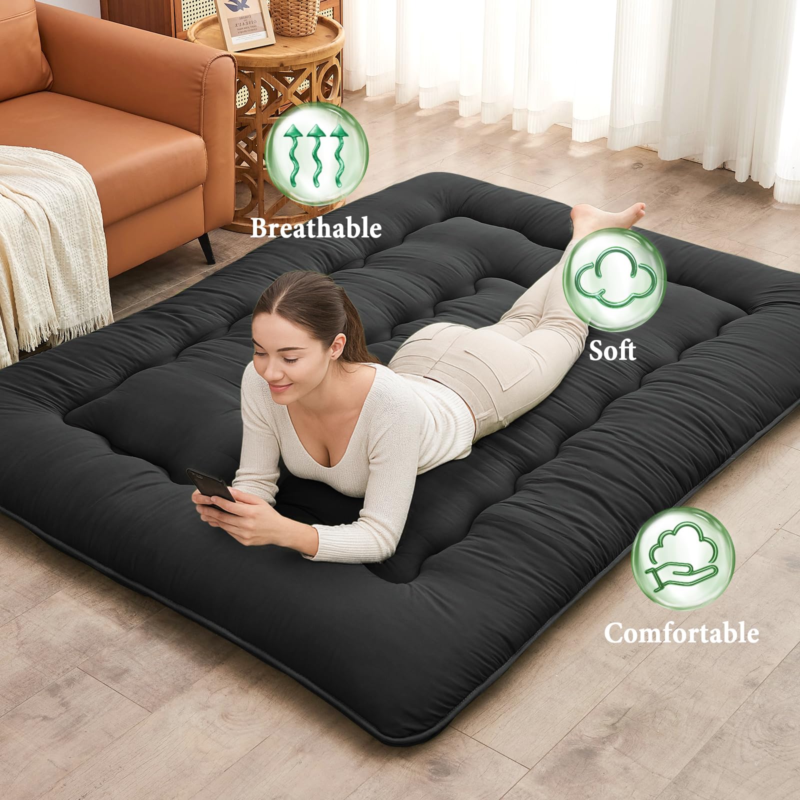 Condition photo showing Good Condition for DAICO Japanese Floor Mattress, 4'' Thicken Futon Mattress Tatami Mat, Sleeping Pad Foldable Roll Up Mat for Camping and Guest Room, Full Size 54''*80'', Black