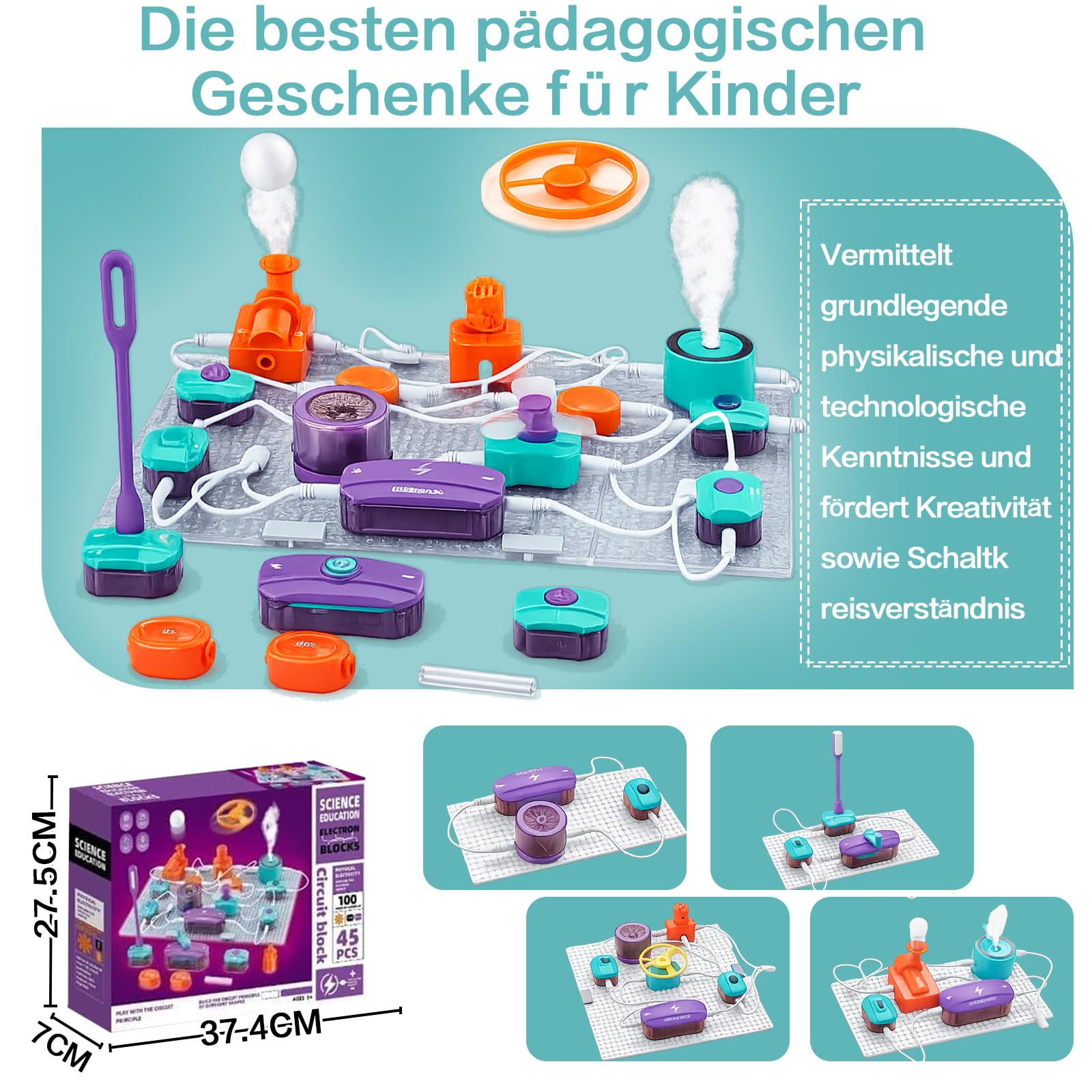 Elektronik Baukasten für Kinder STEM Physik Experimentierkasten mit Lichtsensor & Mikrofon Lernset mit Grundplatte Kreatives Wissenschaftsspielzeug für Jungen & Mädchen Ohne Batteri (45 PCS)