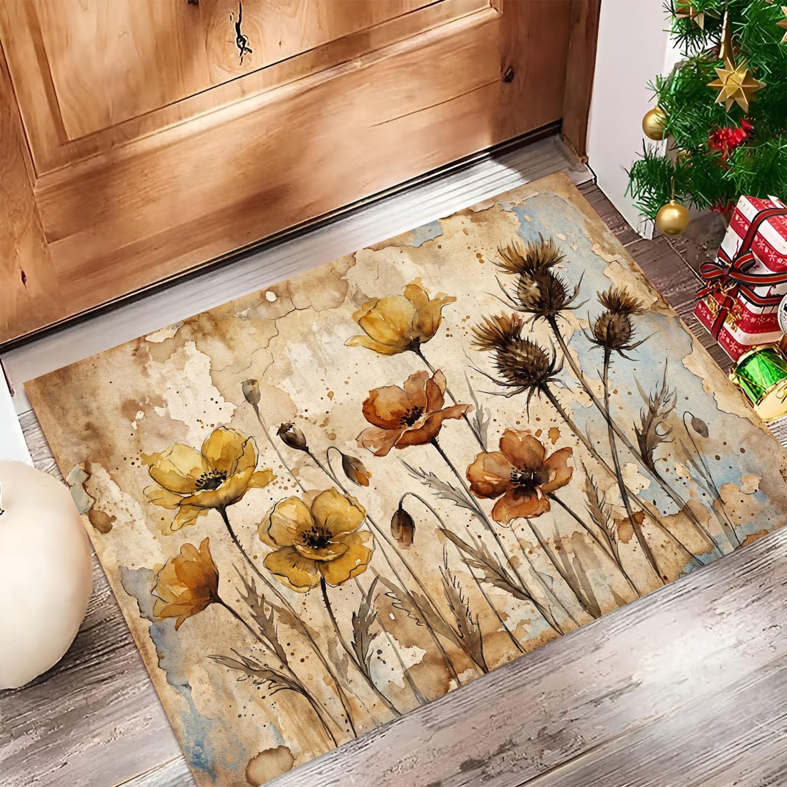 Antike Aquarellpflanzen Willkommen Fußmatte, Schmutzfangmatte Innen | Vintage-Mohnblüte Distel rutschfest Dekorative Fußmatte, Dunkelbeige Waschbare Fussmatte Für Haustür, Eingang, 80X120Cm