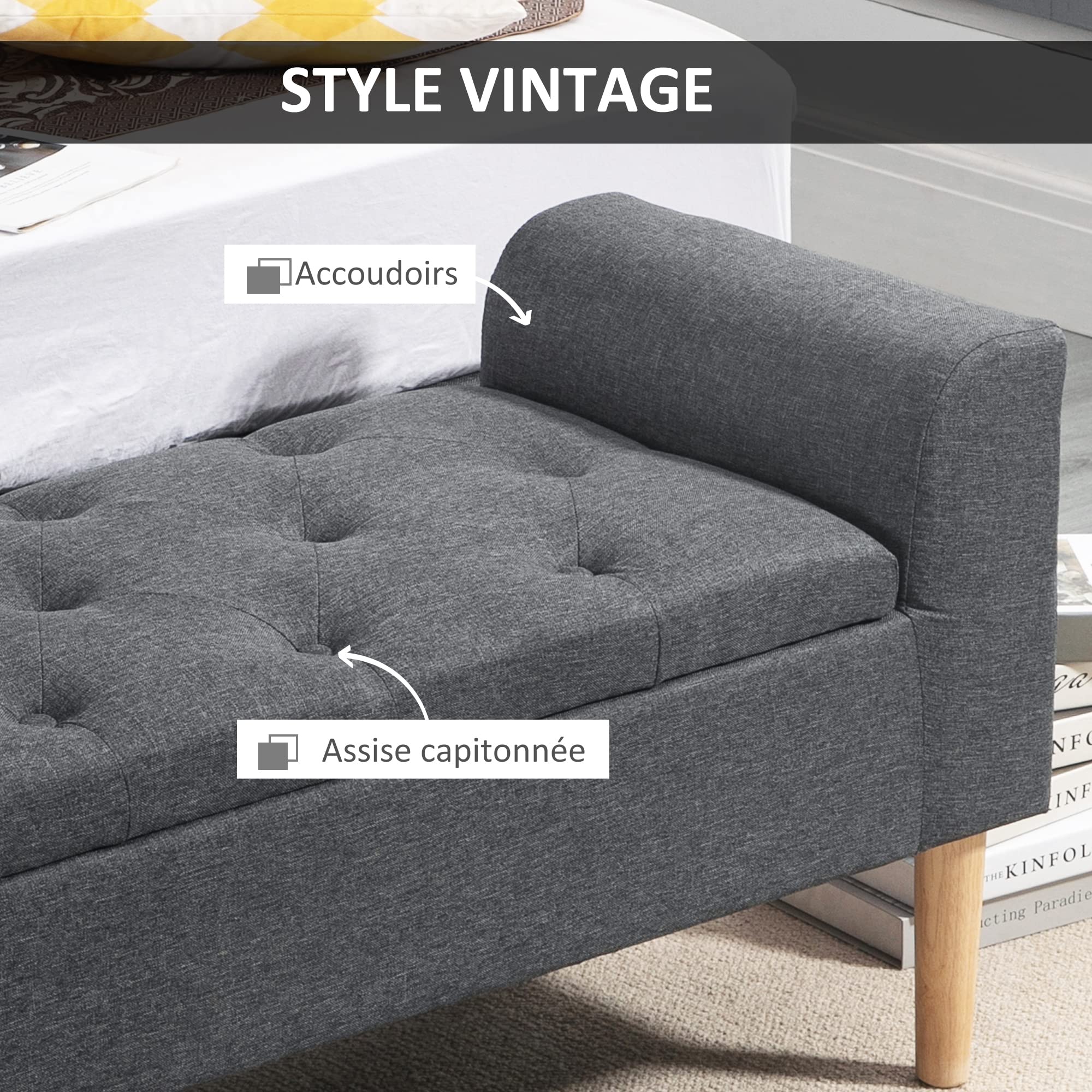HOMCOM Banc Coffre Rangement Capitonné 130 Kg 116x44x58 cm Gris Foncé