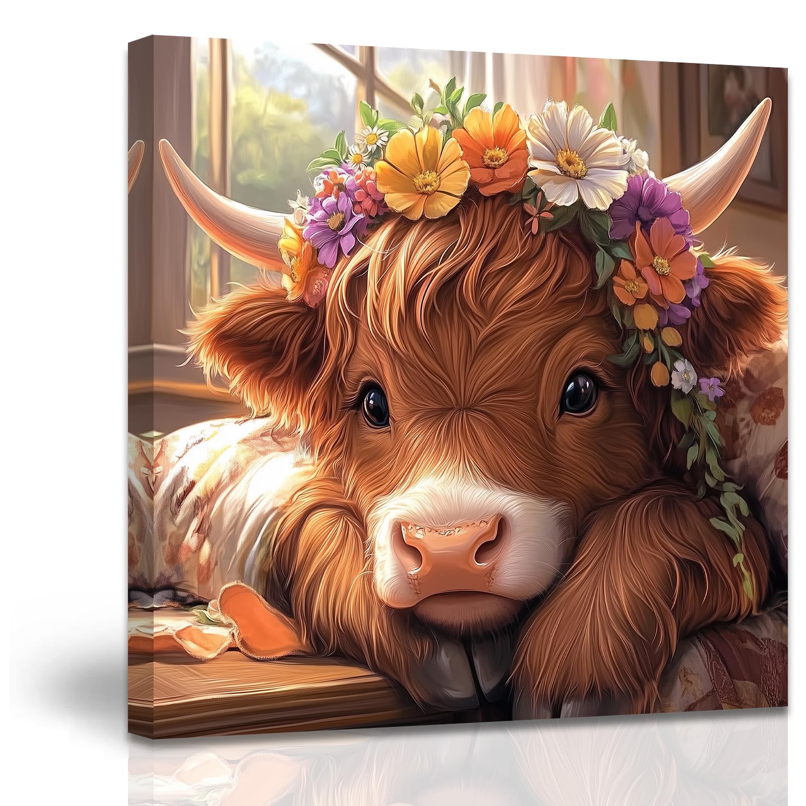 ZXHYWYM Cute Highland Cow Baby Canvas Wall Art Rustic Farmhouse Picture Prints Brown Cow with Flowers Painting for Kitchen Children's Room Bathroom Decor (Brown, (30L x 30W cm))