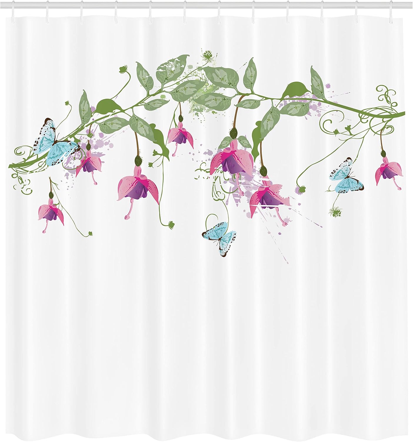 Ambesonne Flower Shower Curtain, Creeping Bellflower and Butterflies on Branch with Leaves Floral Garden Plant Print, Cloth Fabric Bathroom Decor Set with Hooks, 69" W x 75" L, White Green