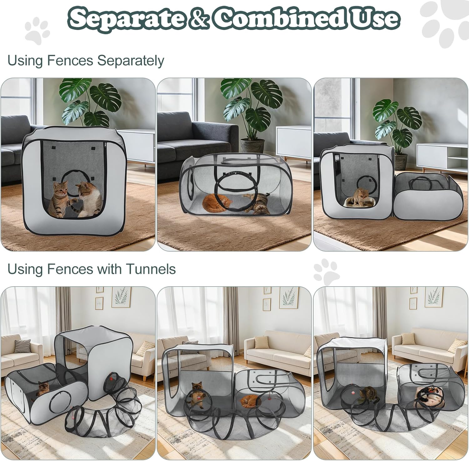 Cat Playpen, 3-in-1 Pop-up Outdoor Cat Enclosure with 2 Rooms 1 Tunnel, Breathable Pet Playpen for Indoor Outdoor Use, Portable Catio Tent with Carry Bag for Kitten Rabbit Small Animals, Gray