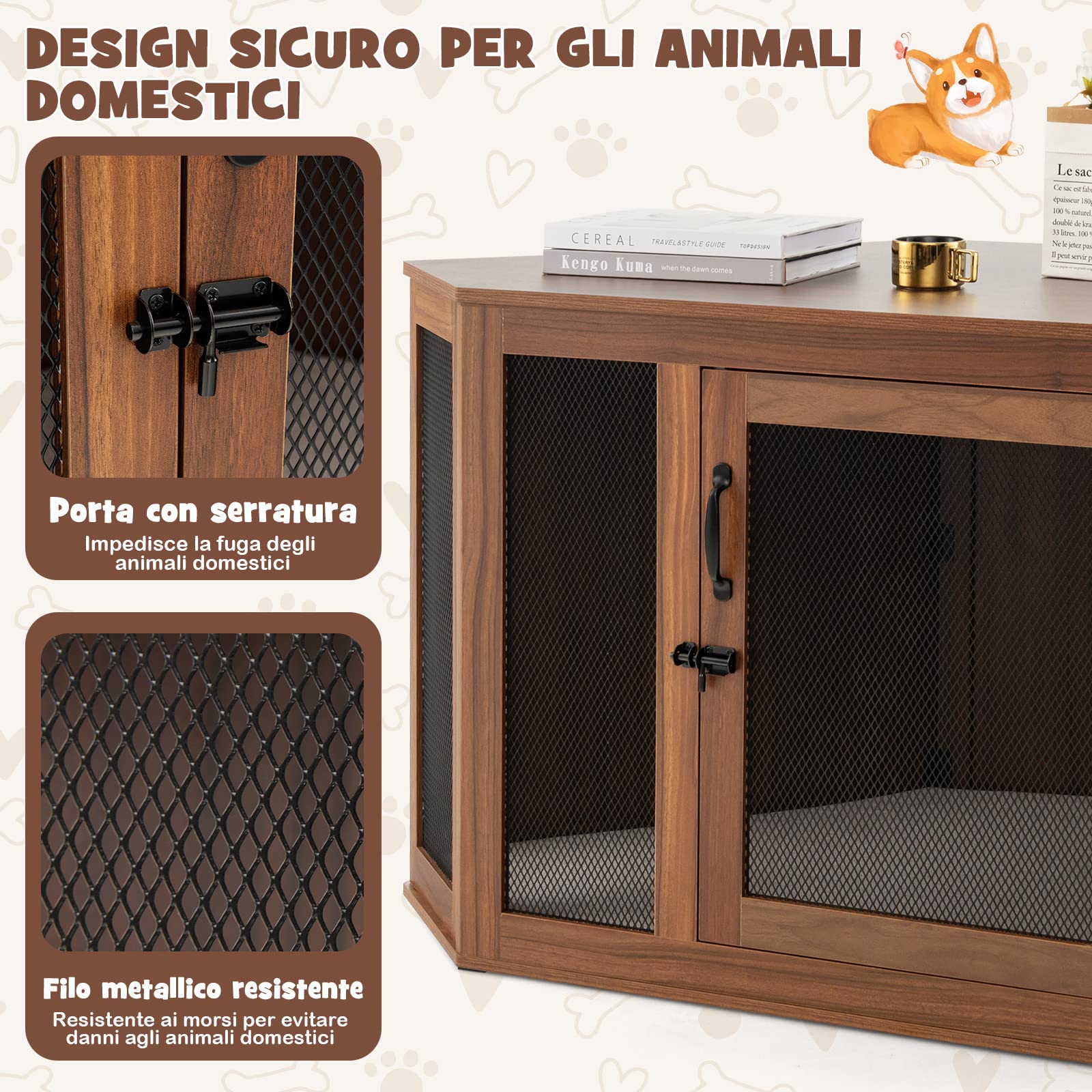GYMAX Gabbia per Animali Domestici, Cuccia d'Angolo per Cani e Gatti con Cuscino e Porta Bloccabile, Mobile Gabbia per Animali 2-in-1, per Casa, Appartamento, Negozio di Animali