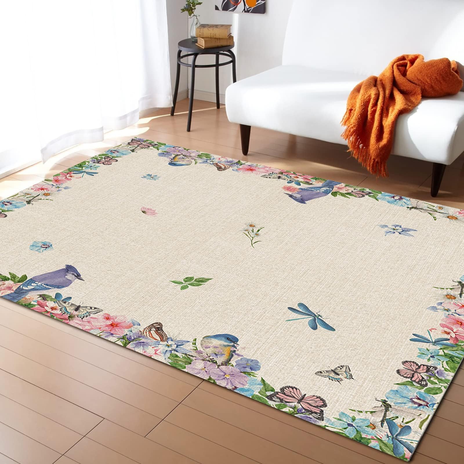 5' x 7' Bird Flowers Area Rug,Outdoor Indoor Washable Carpet Area+Rug for Living Room,Kids/Boys/Girls Bedroom,Bathroom,Classroom,Kitchen,Hallway,Spring Summer Dragonfly Herb Plants Throw Floor Mat