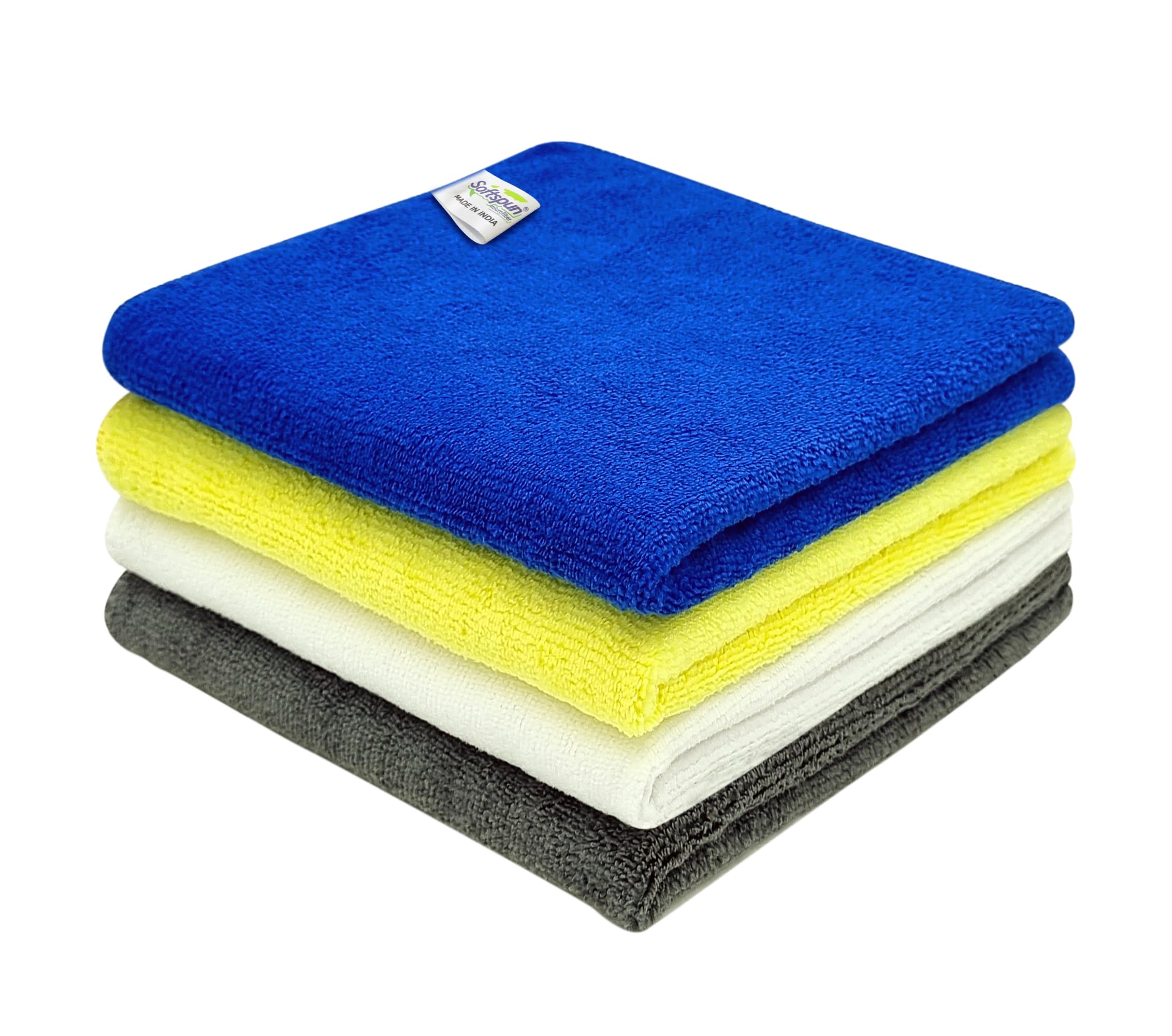 SOFTSPUN Microfiber Cloth - 4 pcs - 40x40 cms - 340 GSM Multicolor! Thick Lint & Streak-Free Multipurpose Cloths - Automotive Microfibre Towels for Car Bike Cleaning Polishing Washing & Detailing.