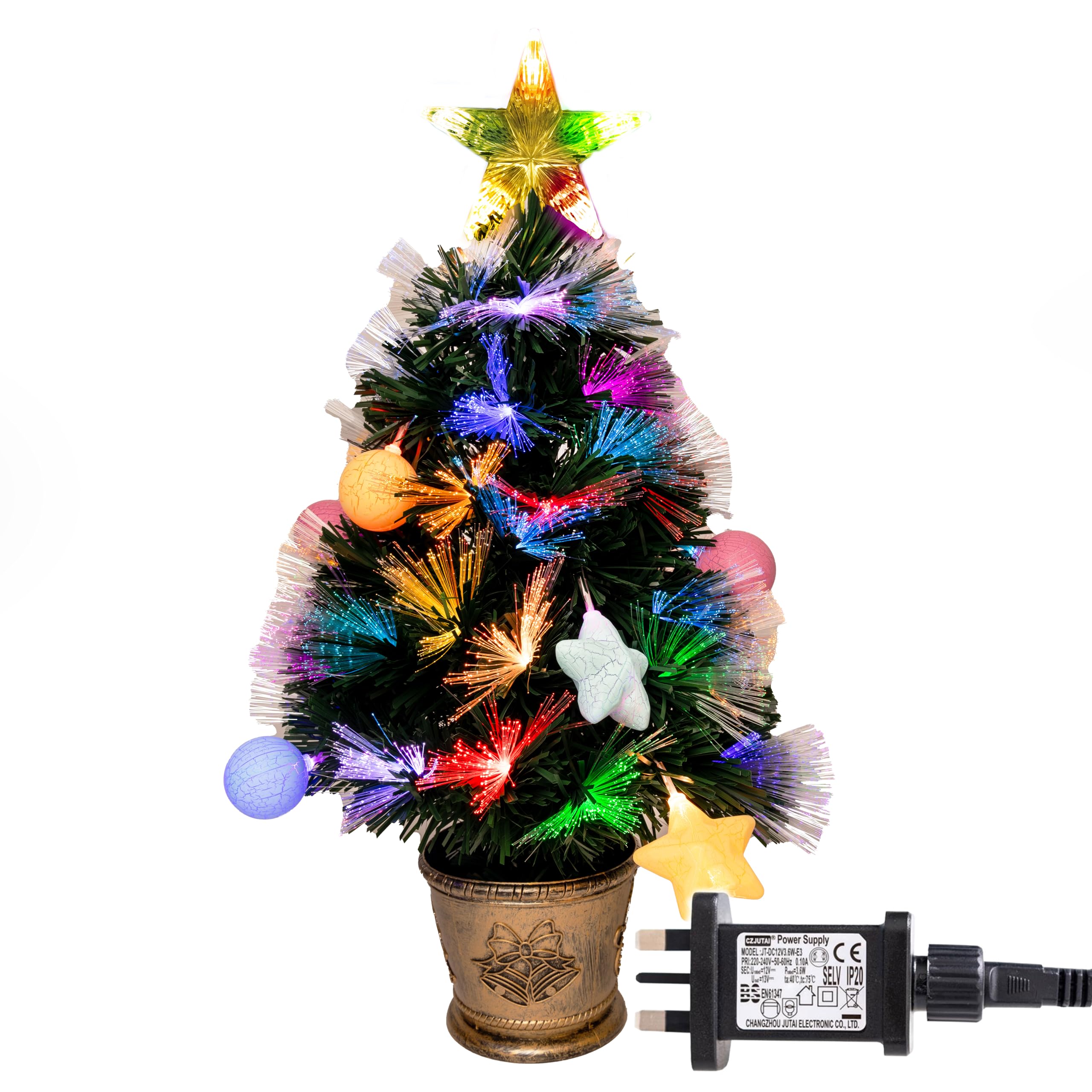 2Ft/60cm Fibre Optic Christmas Tree with Star Topper - Hanging Pastel Stars & Baubles Decorations - Pre-Lit Green Artificial Xmas Tree - Multicolor Changing Lights