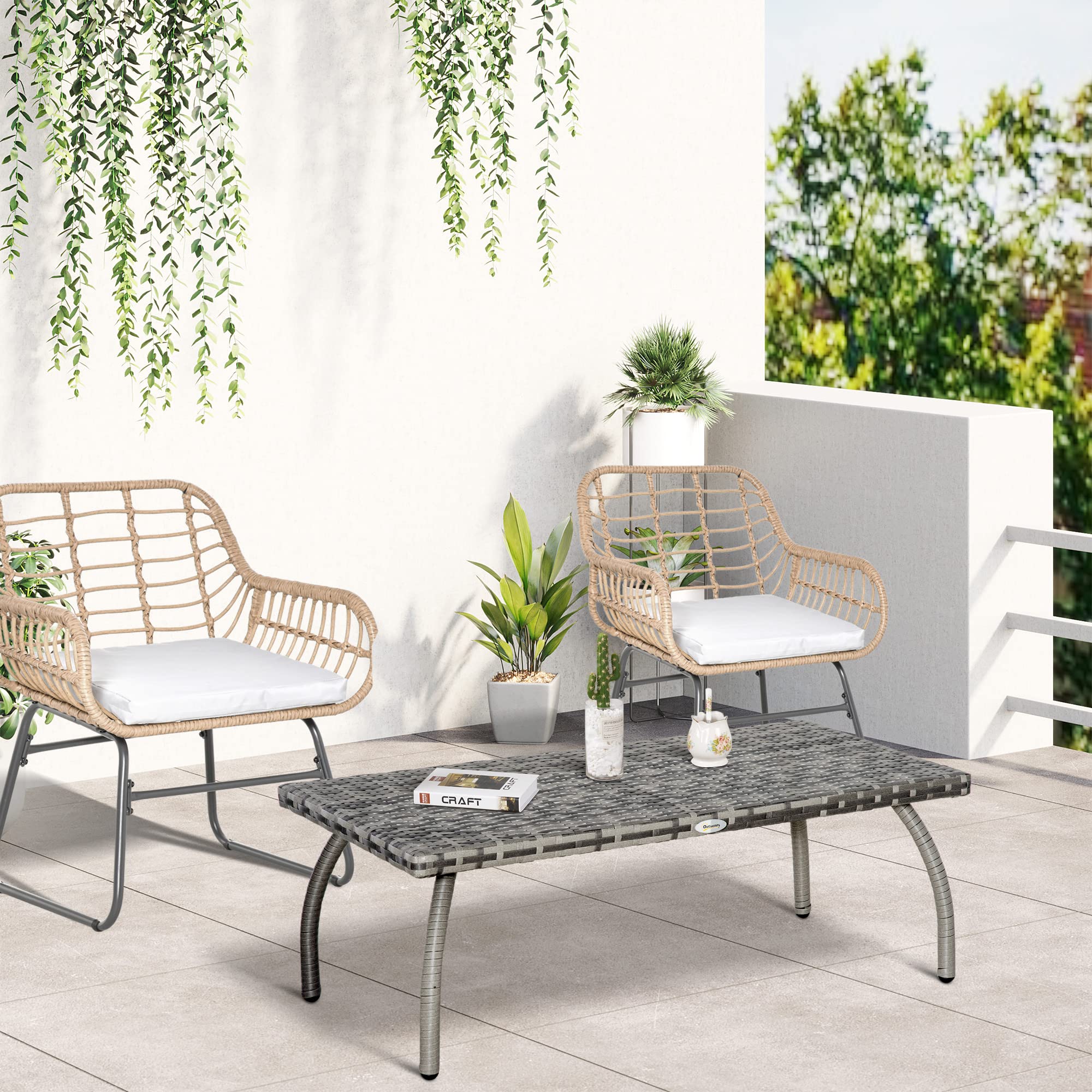 Outsunny Rattanowy stół ogrodowy PE wiklinowy stół zewnętrzny Szary | Materiał na każdą pogodę, na balkon, werandę