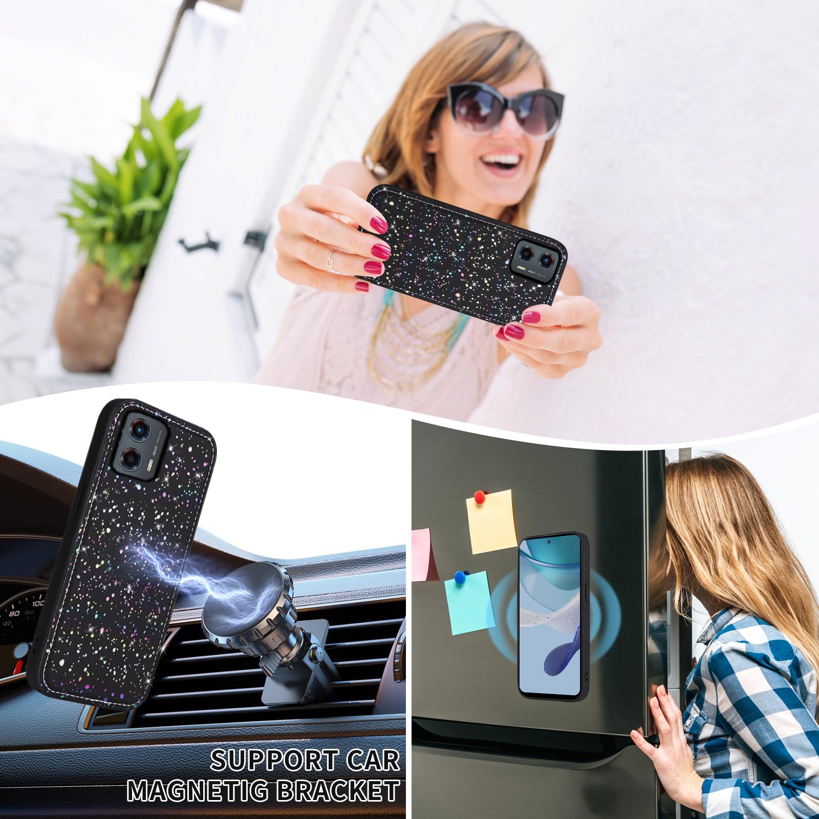 Asuwish Custodia per telefono per Motorola Moto G 5G 2023 Portafoglio con cerniera magnetica rimovibile con pellicola protettiva in vetro temperato e supporto per carte glitterate, accessori per