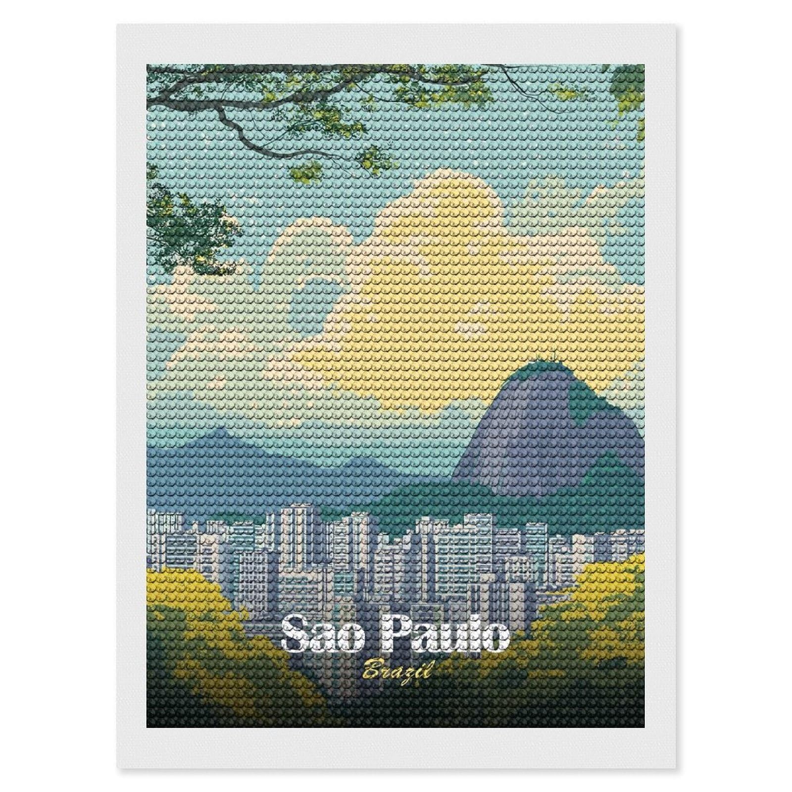Junmoney Sao Paulo, Brazil Cityscape Illustration Diamond Painting Canvas Set 12"x16", Boho Decor, for Craft Lovers, Easy Handmade Project, Holiday Gift Idea