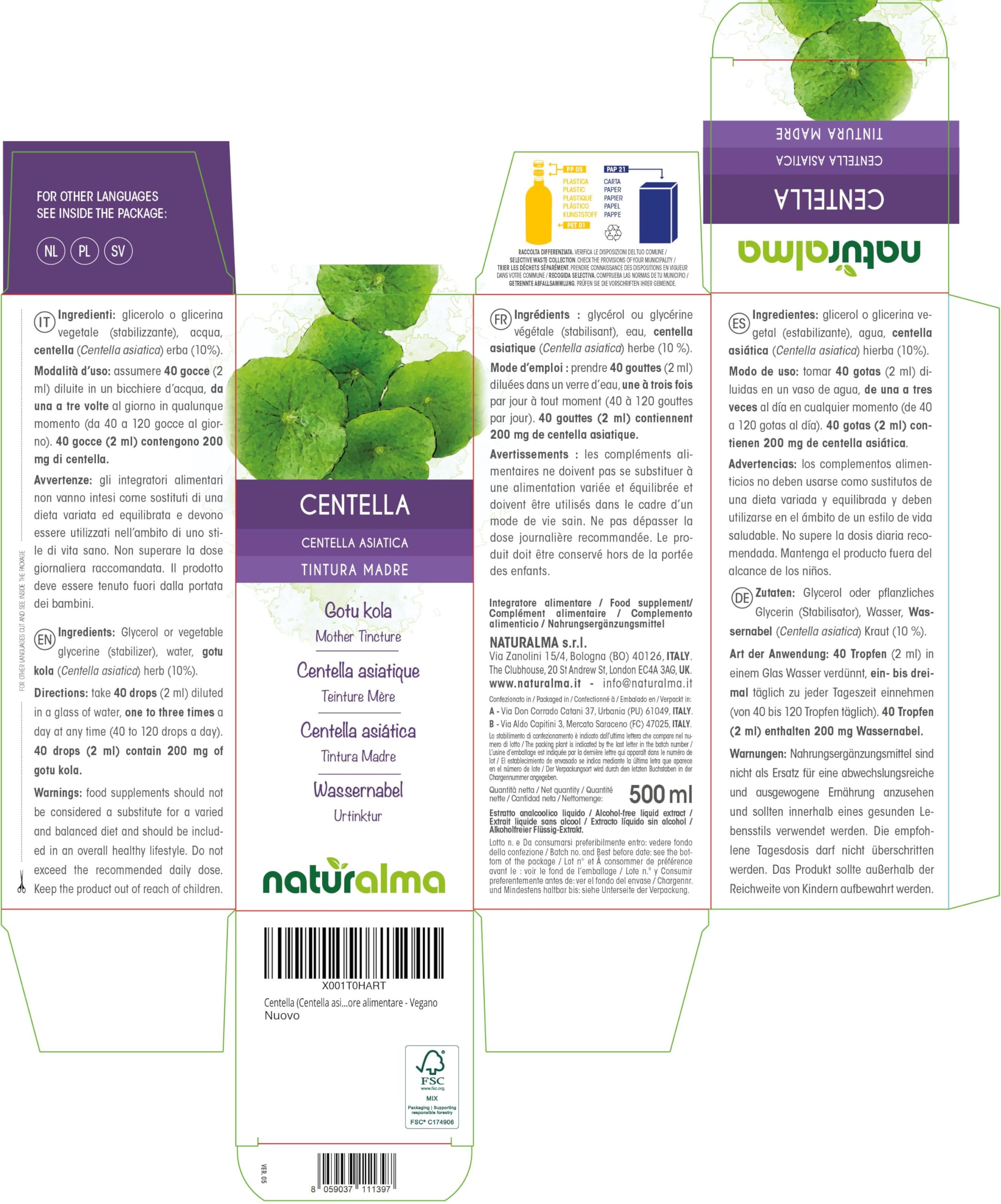 Centella asiatique (Centella asiatica) herbe Teinture Mère sans alcool Naturalma - Extrait liquide gouttes 500 ml - Complément alimentaire - Végétalien ou végan