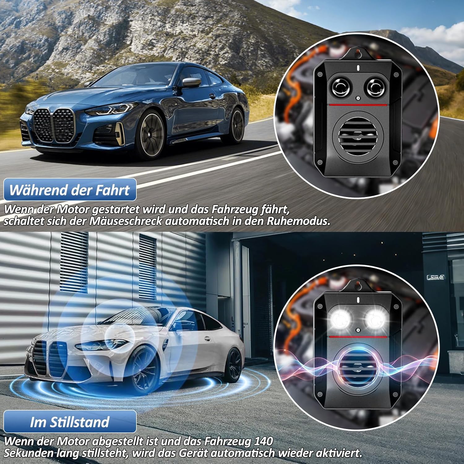 MEKEET Dissuasore per martore per auto, a ultrasuoni | Luce flash a LED, 15-55 kHz, impermeabile IP65, contro martore, topi e ratti, per auto, garage, soffitta