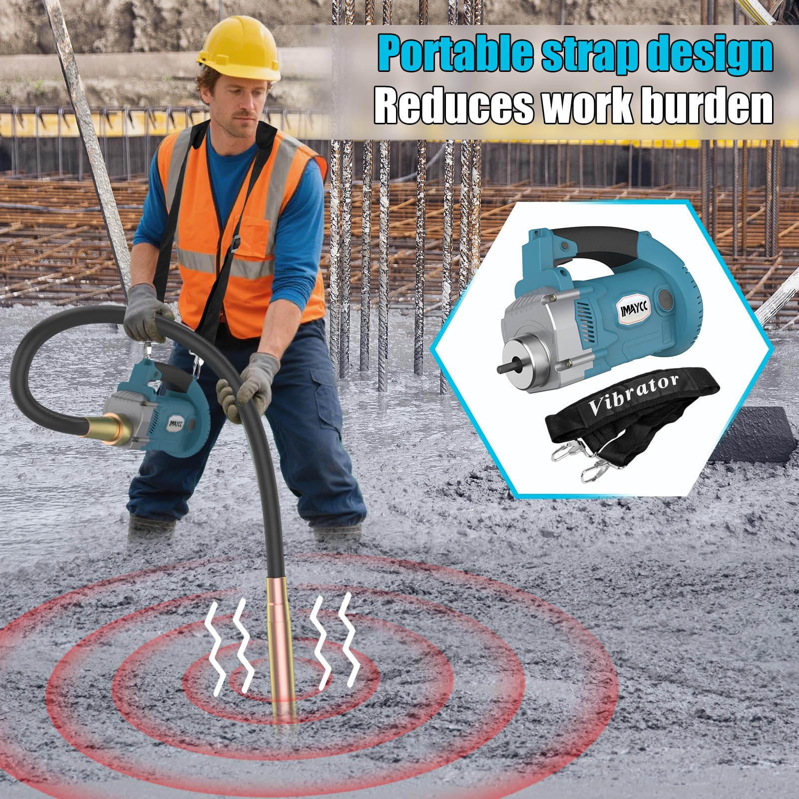 Vibrador de hormigón eléctrico de 1600 W, motor de cobre 5000 rpm, 35 mm, 2