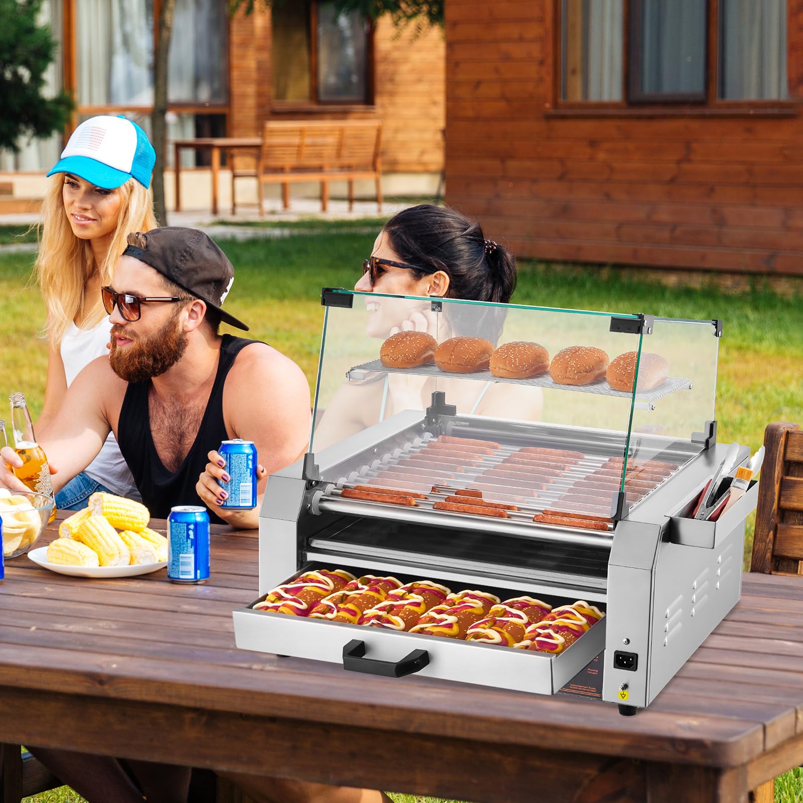 VEVOR Rullo per Hot Dog, 30 Hot Dog 11 Rulli, Cuocitore per Salsicce in Acciaio Inox da 2400 W Scalda Panini, Coperchio, 3 Controlli di Temperatura, Contenitore Laterale, Vassoio Raccogli-Olio
