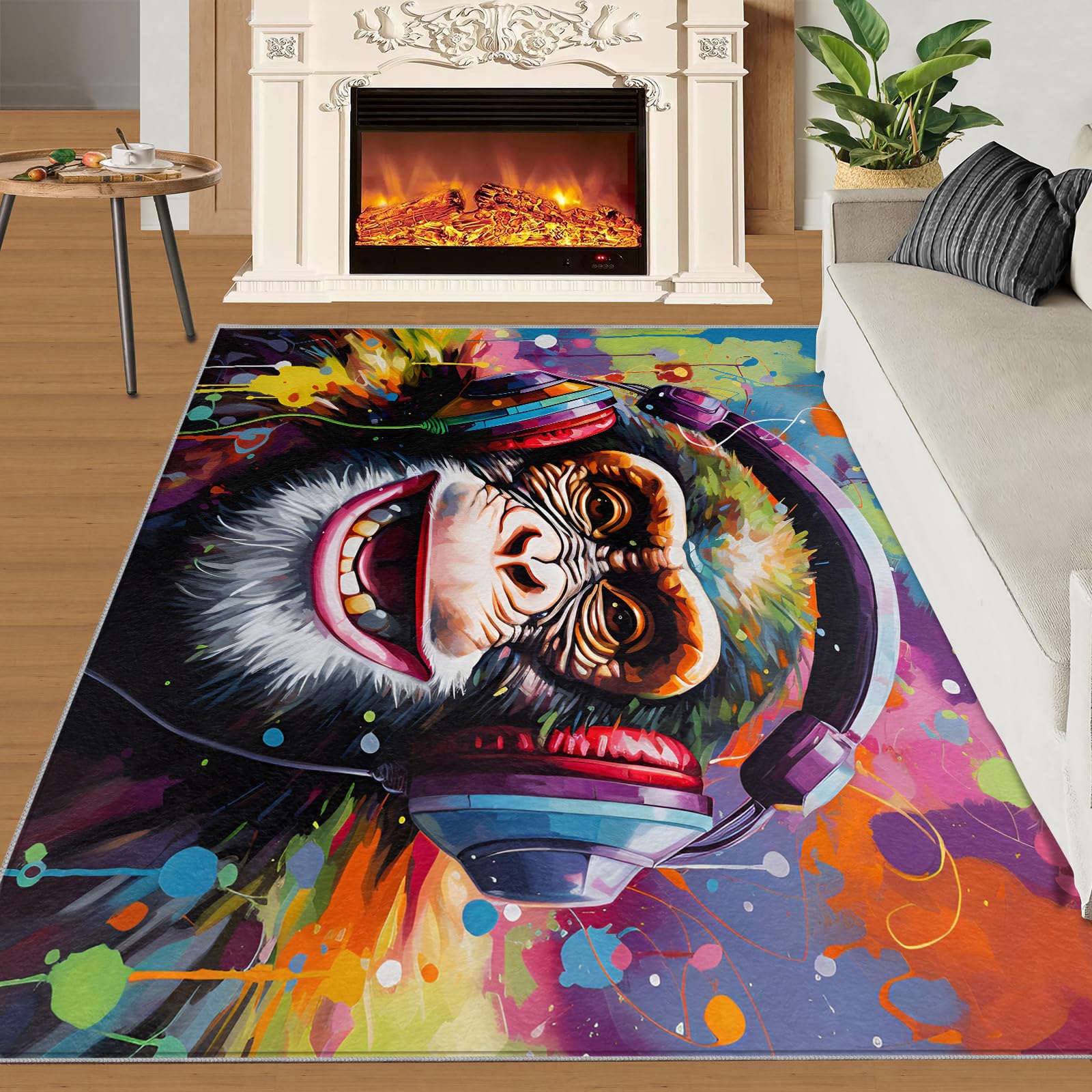 SANSJI Colorful Gorilla Large Rug for Bedroom, Graffiti Music Area Rugs 160x230 Carpet, Animals Vintage Rugs Non Slip Washable, Watercolor Funny Stain Resistant Mats for Living room