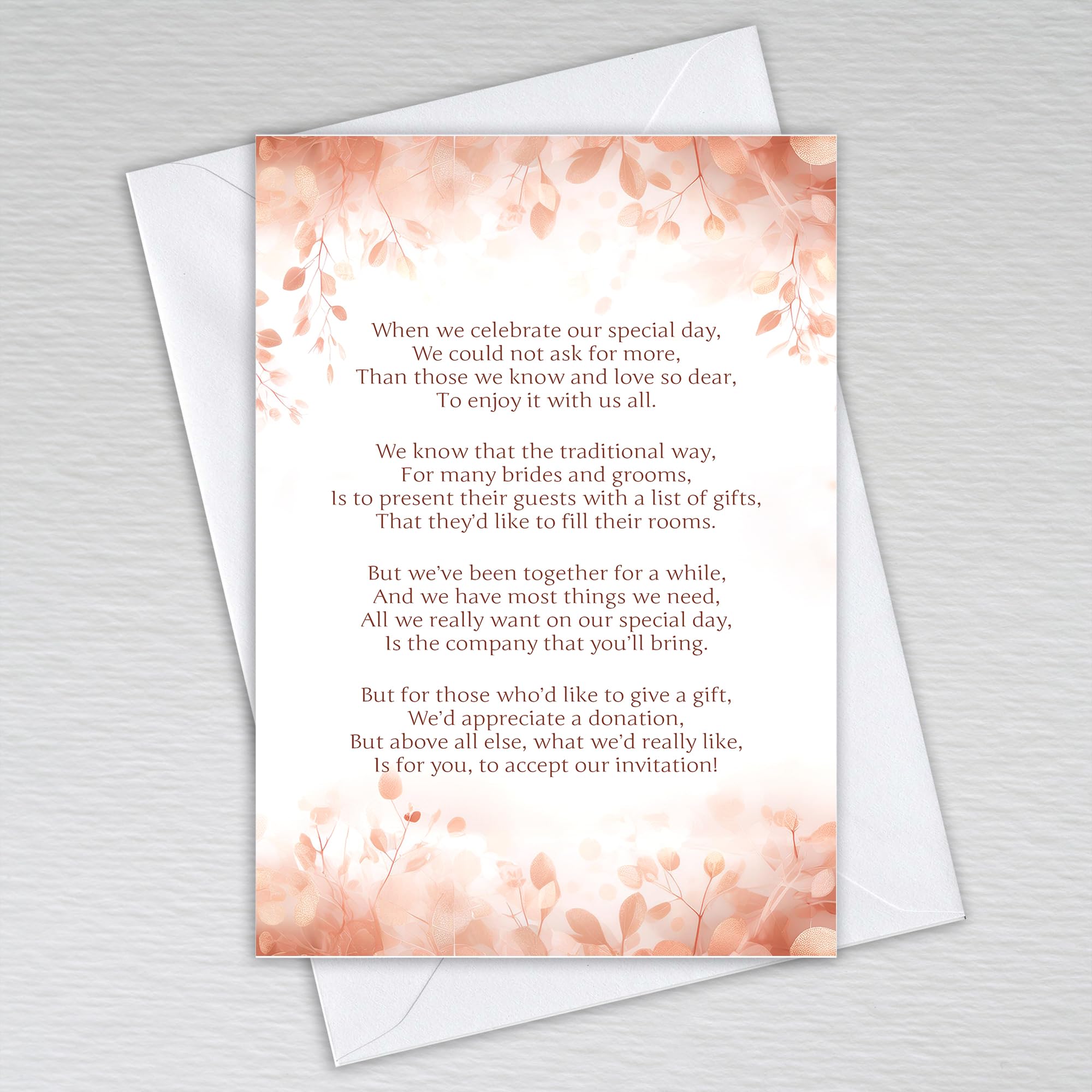 Rose Gold Leaf Wedding Money Poem/Money Gift Request Poem Cards for Weddings/Elegant Theme with Peach and Blush Pink Tones: Rose Gold Leaves Wedding Money Poem (Pack of 50 with Envelopes) — image 1
