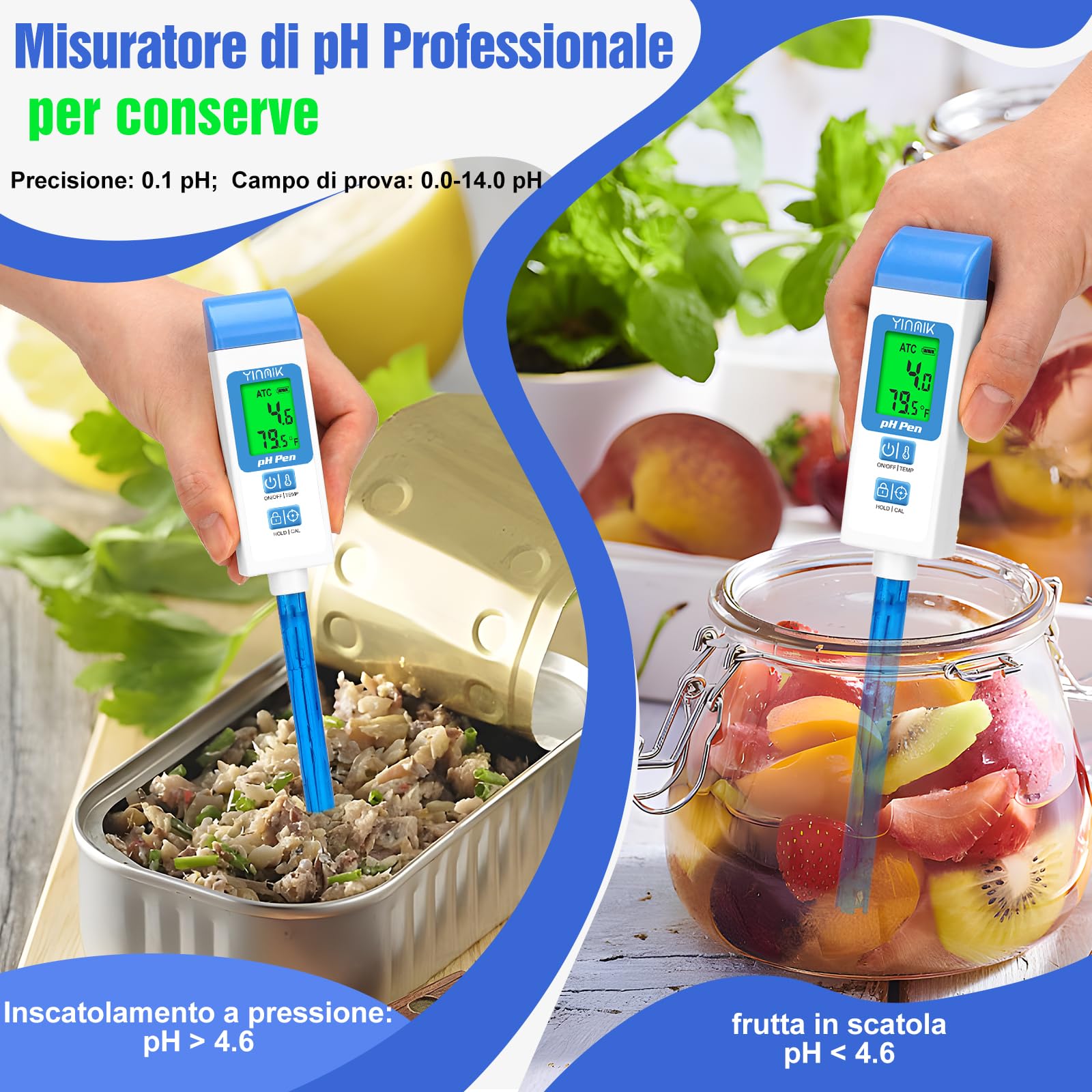 YINMIK Misuratore di pH Digitale da Laboratorio con Sonda pH da 11,7 cm | con ATC, Per Alimenti, Per Bottiglie a Collo Stretto, Kit di Test, Preparazione Kombucha