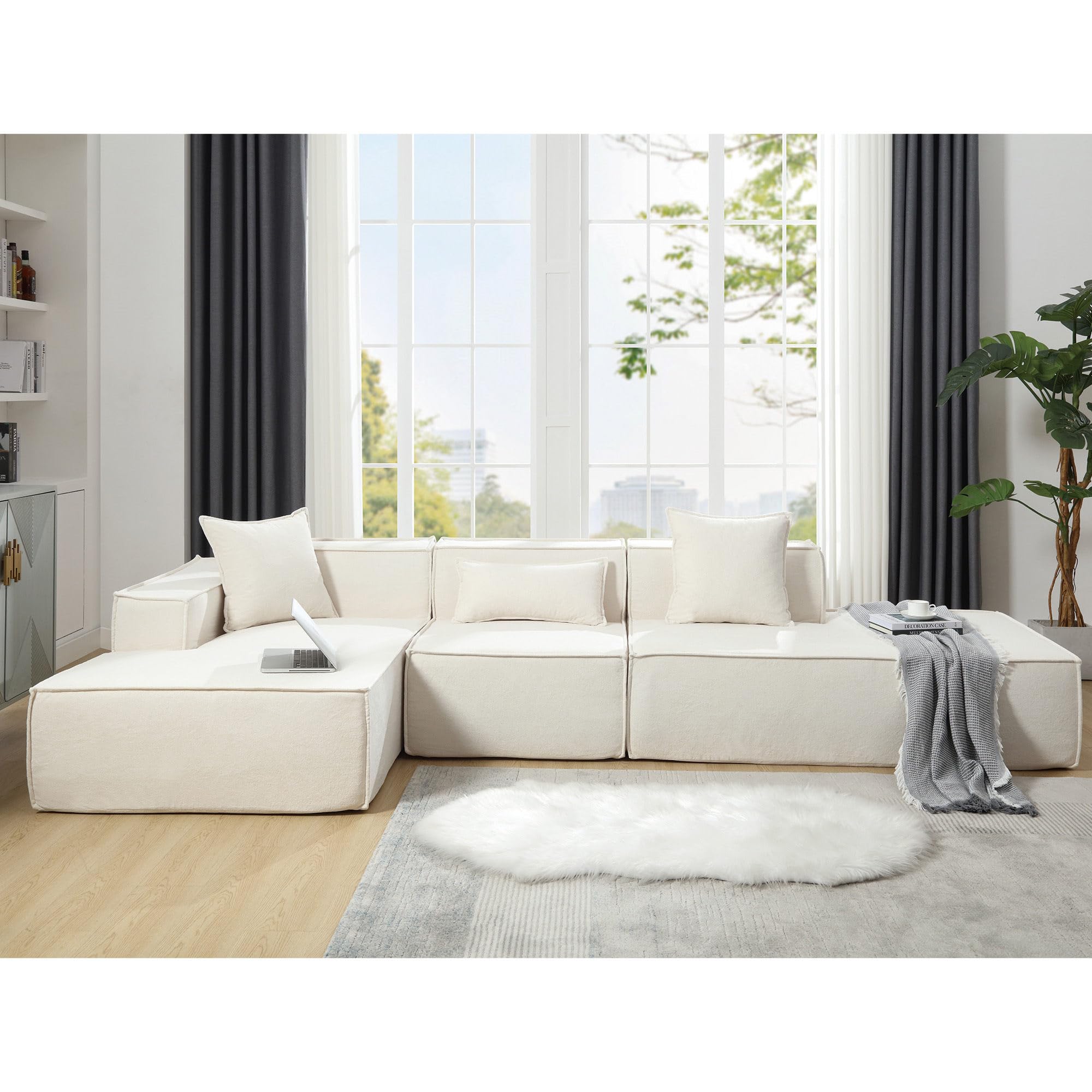 Modern Modular Combination Living Room L-Shaped Sofa Set,Minimalist Tofu Block Sofa,Terrycloth Fabric Upholstery,3-Seater Sectional Sofa with Square Armrests,Pillows Included (Beige,Left Sofa)