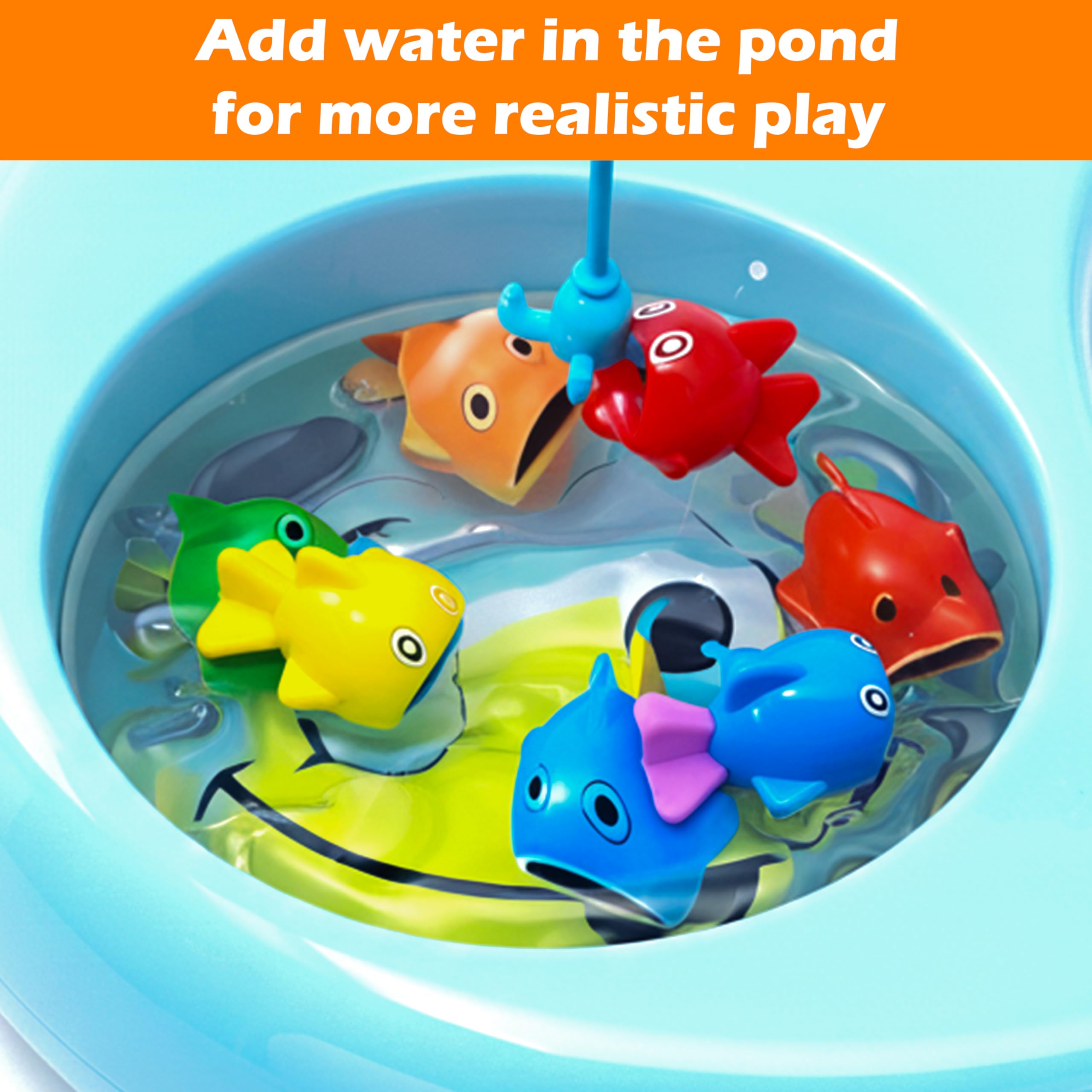 VGRASSP Real Water Pond Moon Shape Fishing Game Toy for Kids - Rotating Colorful Fish Catching Activity Playset with Rods, Light & Music Interactive Set for Boys Girls - Multicolor