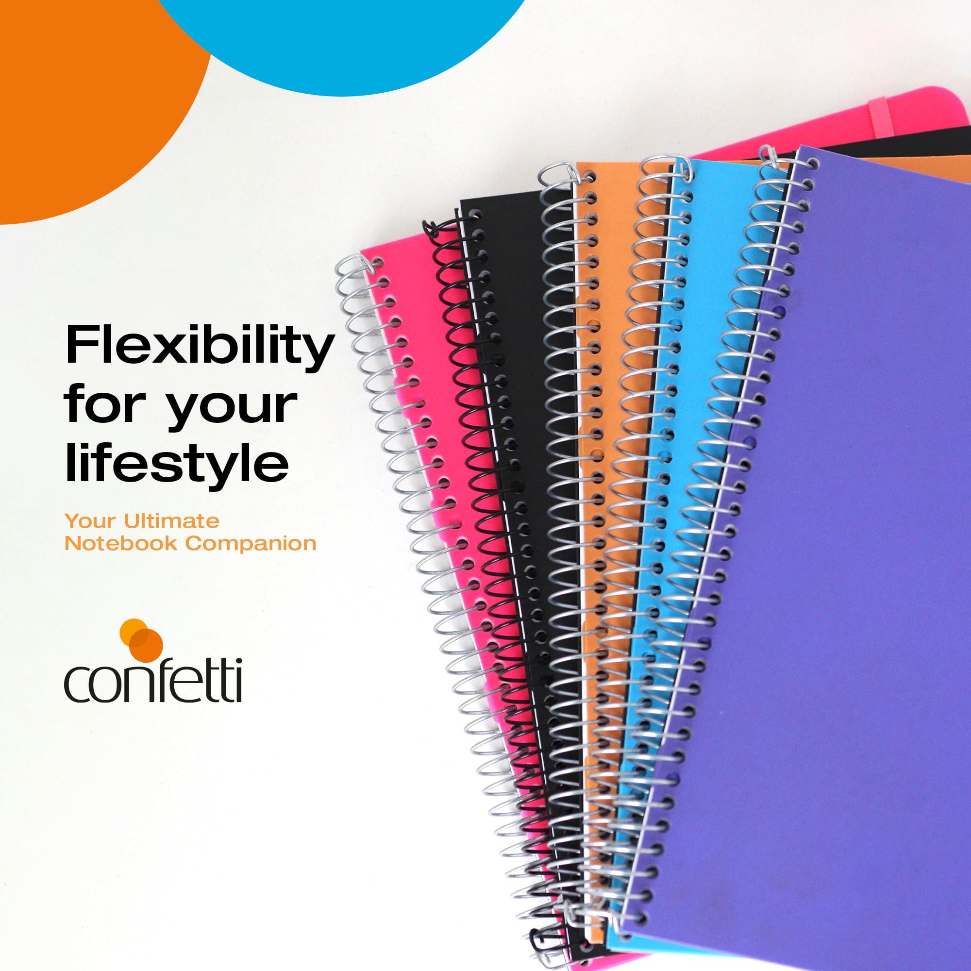 Confetti Cuaderno de espiral perforado, cuaderno escolar y de oficina, encuadernado en espiral resistente con 4 separadores y bolsillo de almacenamiento, 200 hojas, color negro