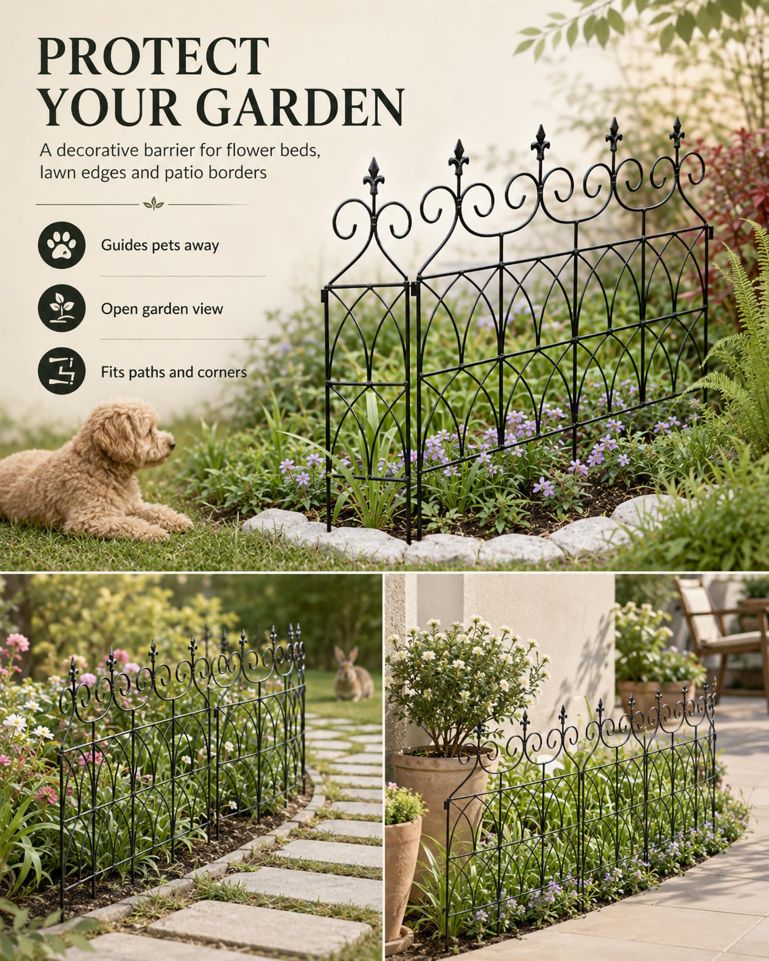 Artenzaun Aus Metall, Zaun Für Draußen Zaunpfosten, Frei Kombinieren Schnelle Montage Rostfrei Metall-Schutzzaun Für Blumenbeet, Hof, Terrasse,Schwarz,5 Panels