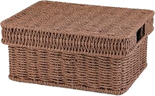 Wicker Storage Basket with Lid for Shelves,12×10×5.5in, Dark Brown | One rectangular wicker basket with lid for decorative shelf storage; its removable lid lifts off and flips into a tray.