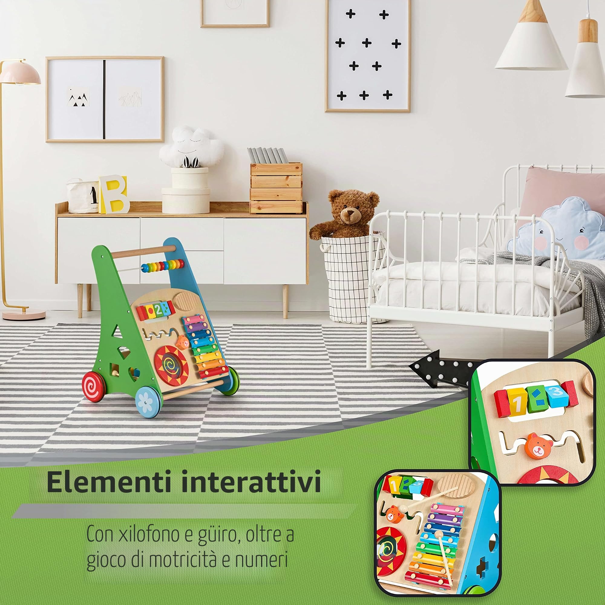 Balinco LEARNING WAGON WOOD, 3 in 1, giocattolo per l'apprendimento + giocattolo musicale + girello da 6 mesi
