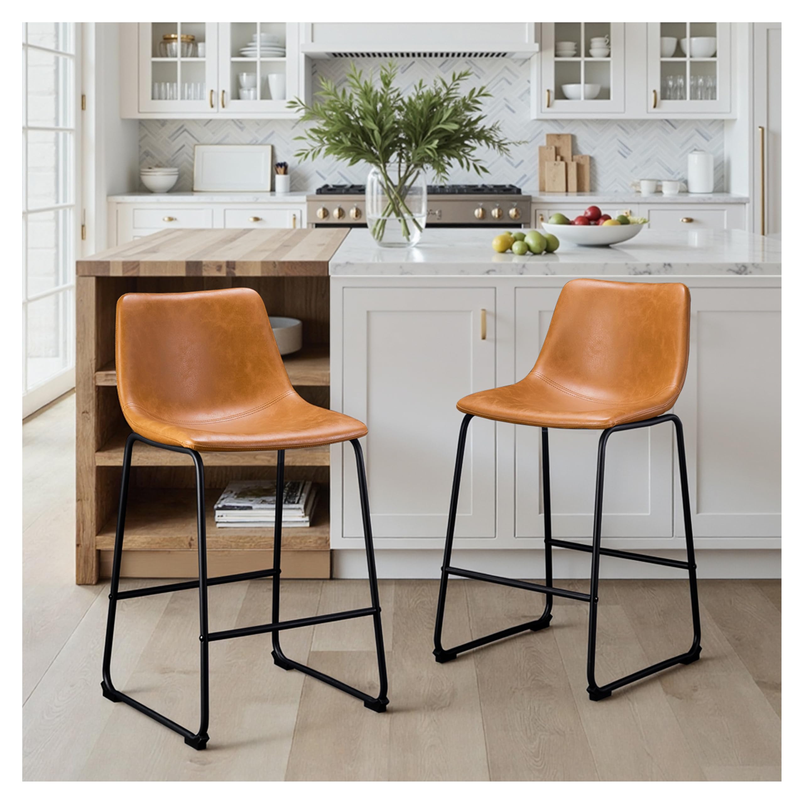 STOOLINK 26 Inch Bar Stools Set of 2, Counter Height Bar stools for Kitchen Island, Modern Crazy Horse Leather Bar Stool with Back and Metal Legs,