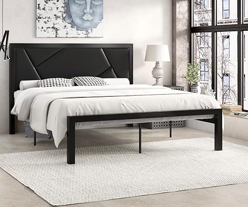 SHA CERLIN Base de cama de metal tamaño Queen con cabecera tapizada de cuero, diseño geométrico lineal, plataforma de soporte de listones de metal