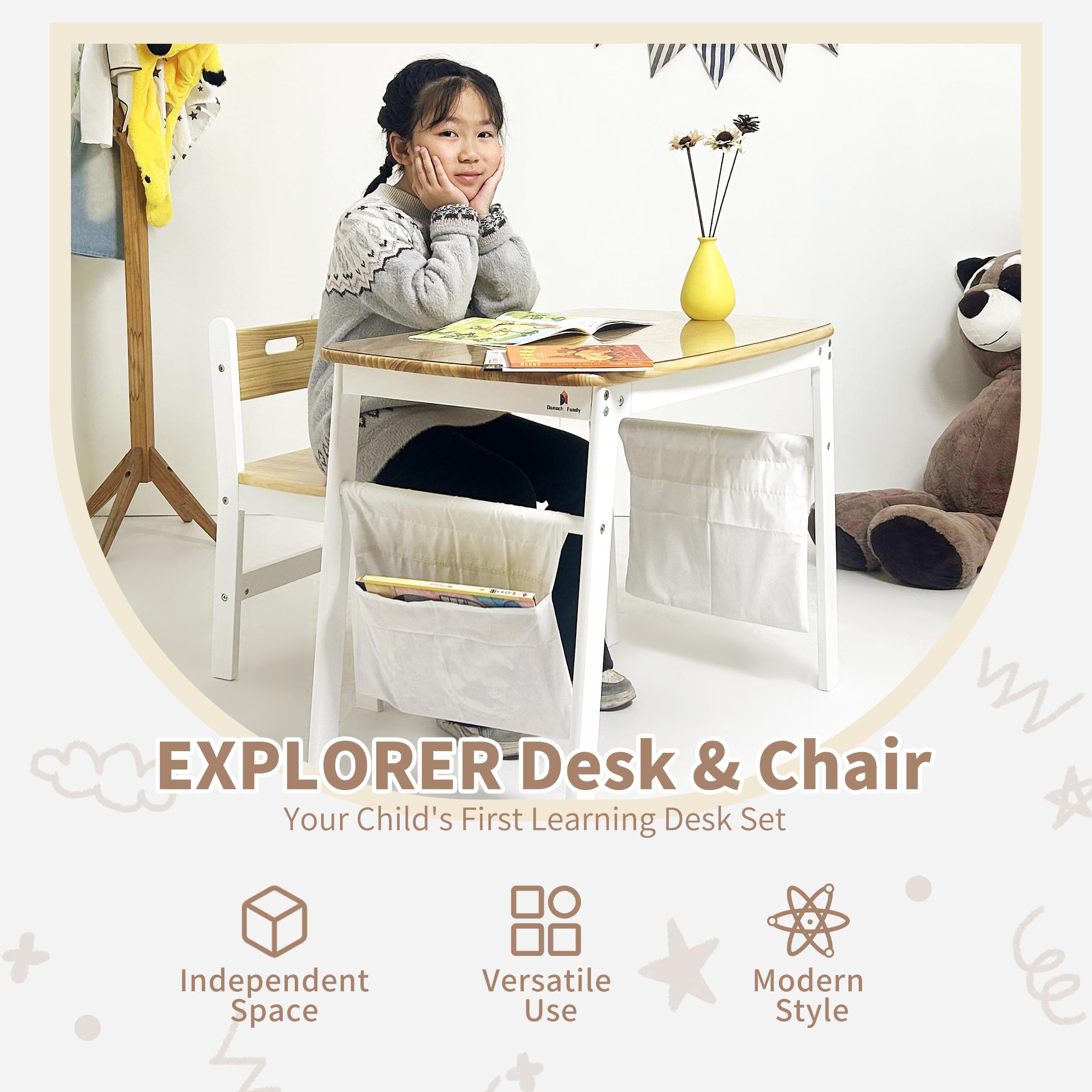 Damoch Family™ Kids Study Desk and Chair Set - Cute and Functional, Including 2 Canvas Storage Bags and Transparent Table Protector Mat, Creating Perfect Sense for School and Homework