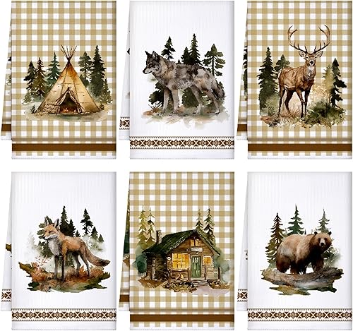 Bencailor 6 toallas de cocina rústicas de cabaña, toallas de mano de animales, ciervos, lobo, oso, tienda de campaña, diseño vintage, ropa de baño