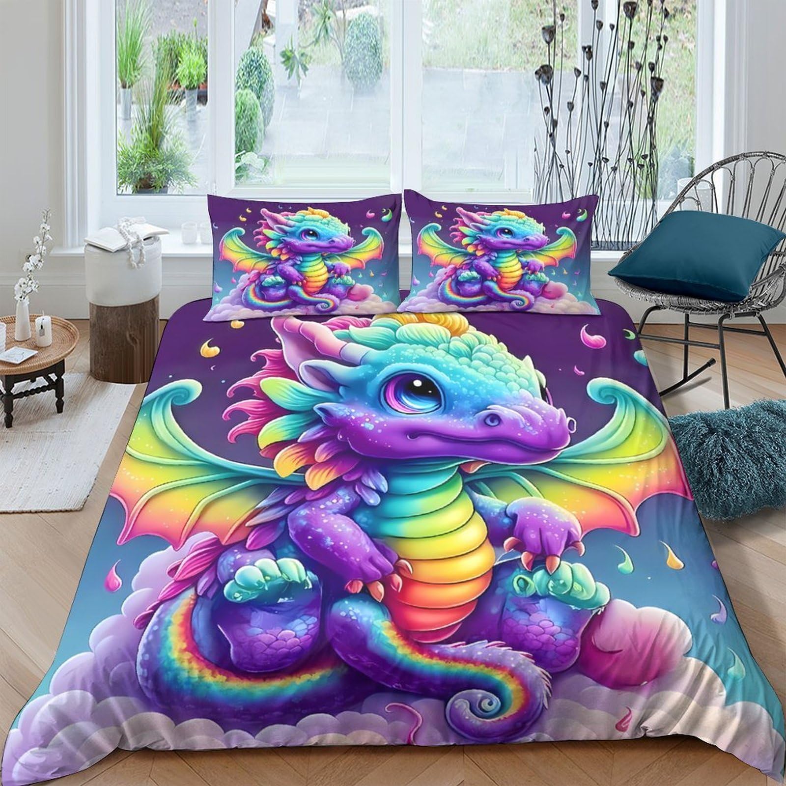 Ctjqhvkz Style-1 3D Printed Rainbow Dragon Fitted Sheet Microfiber Soft Anti-Slip Fantasy Purple Mattress Cover For Bedroom Dorm Decor Single（135X200cm）