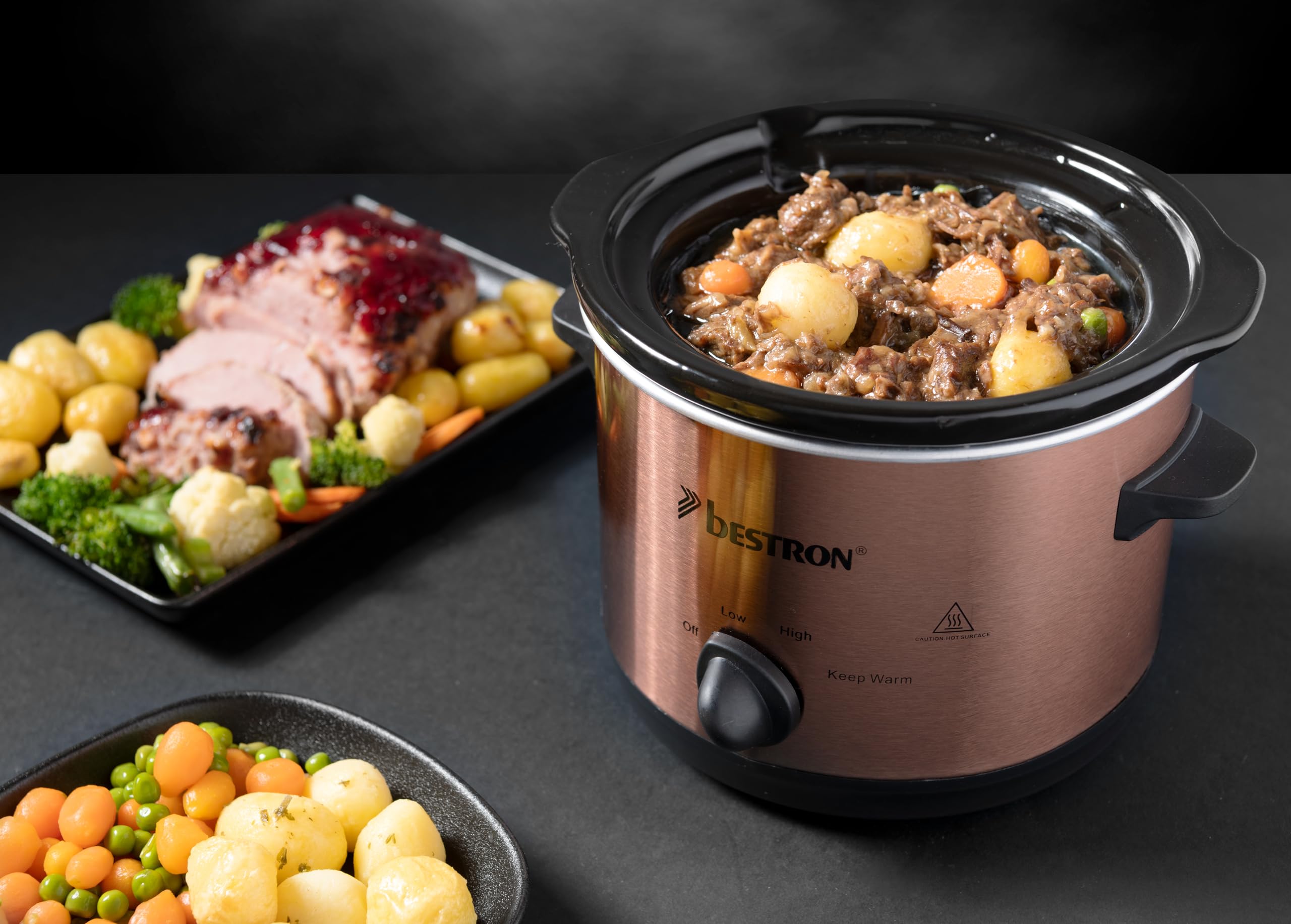 Bestron Slowcooker 1.5 L Olla de Cocción Lenta Cerámica 3 Niveles Cobre