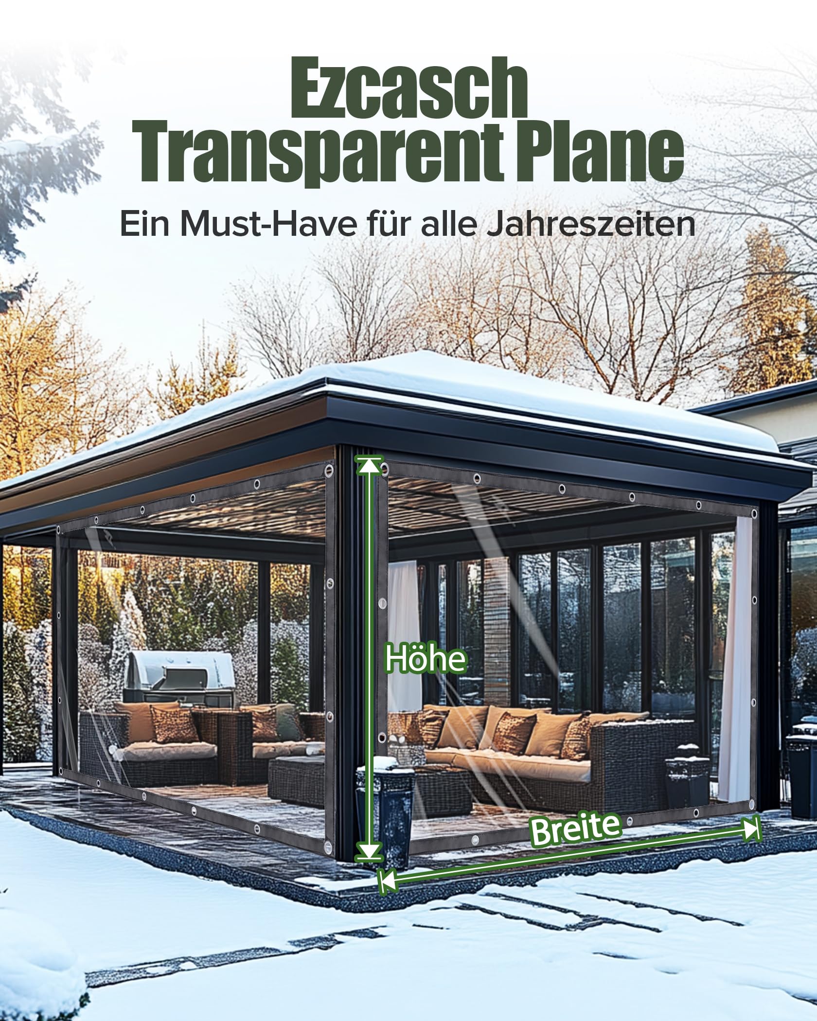 2x2m Transparente Plane mit Ösen，420g/m² Durchsichtige Abdeckplane，wasserdichte Abdeckfolie als Regen-, Wind- und Staubschutz, für Outdoor mit Seil und Kabelbindern