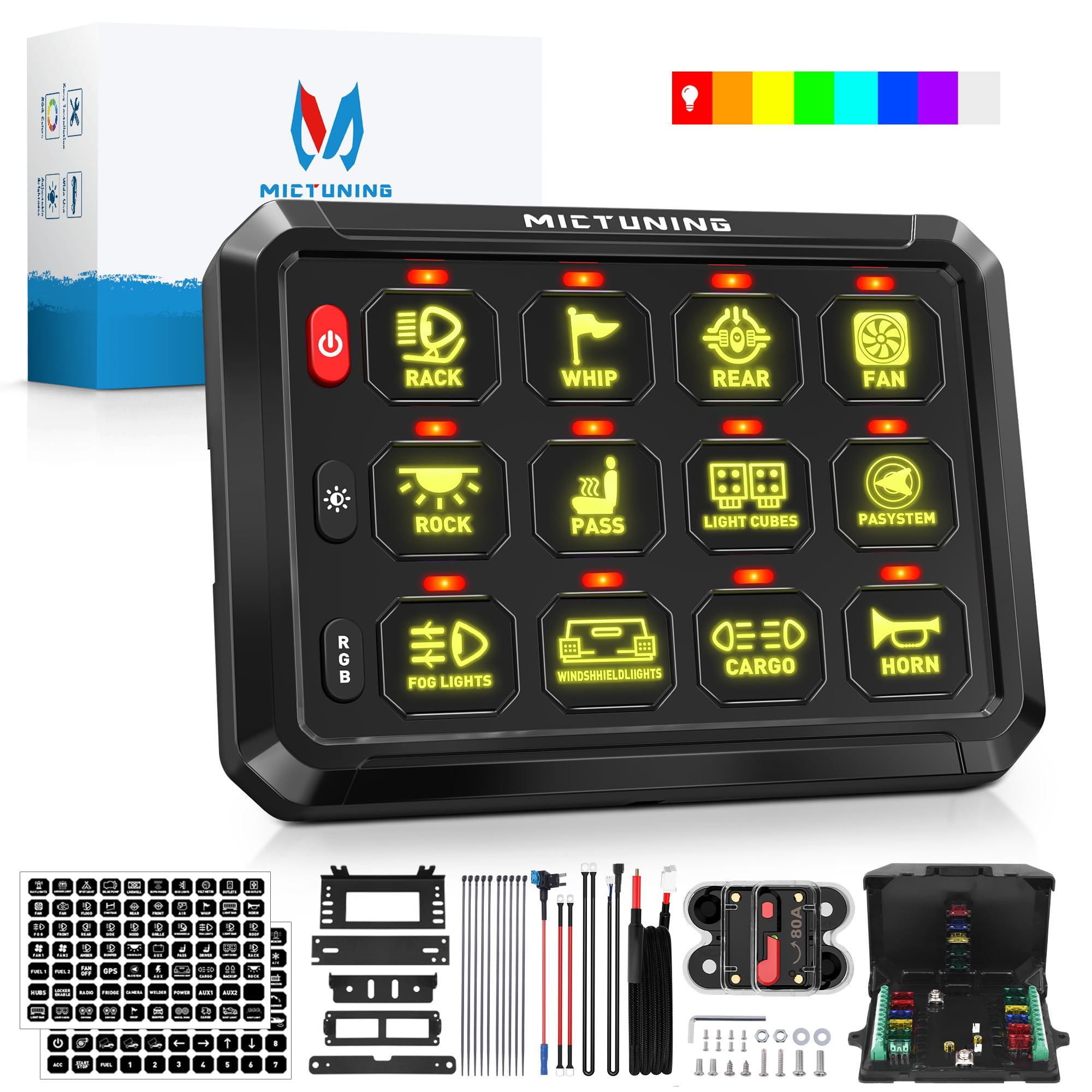 Photo 1 of MICTUNING P1s RGB 5.5 Inch 12 Gang Switch Panel, High Power 5-Level Brightness Multifunction Toggle Switch Momentary Circuit Control Relay System Box for Truck RV Offroad Marine, Patent Pending RGB 12 Gang