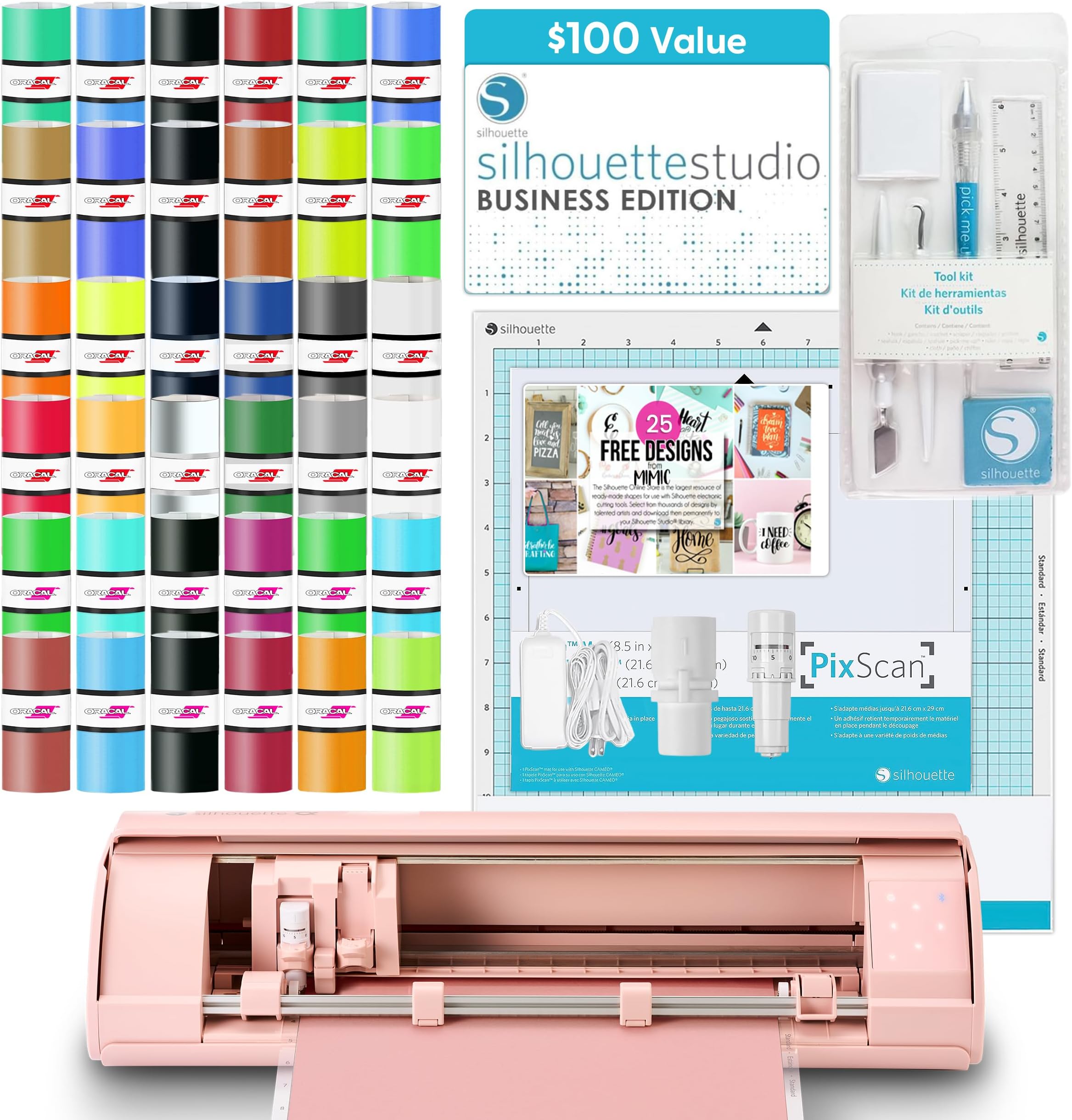 Cameo 5 Alpha (α) Smart Cutting Machine, Matte Pink (Deluxe Bundle) - Includes Business Edition Software, 36 Vinyl Sheets, PixScan Mat, Tool Kit & 25 Free Designs