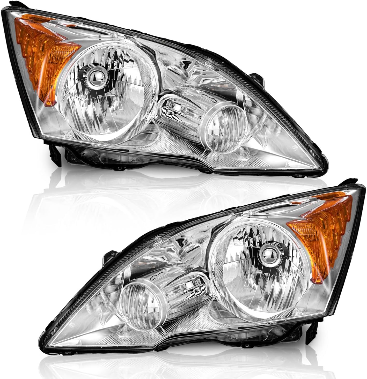 WEELMOTO for 2007-2011 HONDA CR-V EX, EX-L, LX, SE [4-Door Sport Utility] Headlights Pair Headlamp set Chrome Housing Amber Reflector Left+Right Side