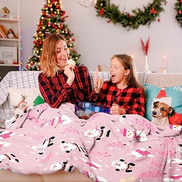 Pink Christmas Throw Blanket Flannel Fleece Holiday Blankets and Throws Cozy Warm Soft Blankets for Couch Cute Pink Snowmen Santa Claus Christmas Tree Prints Xmas Gifts Blanket for Girls, 130cmx152cm