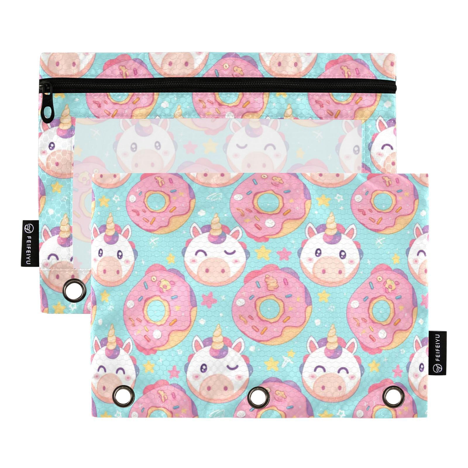 Binder Pouches,Cute Kawaii Unicorn Face Pencil Pouch for 3 Ring Binder 2 Pack Clear Pencil Bag with Zipper for Office School Supplies