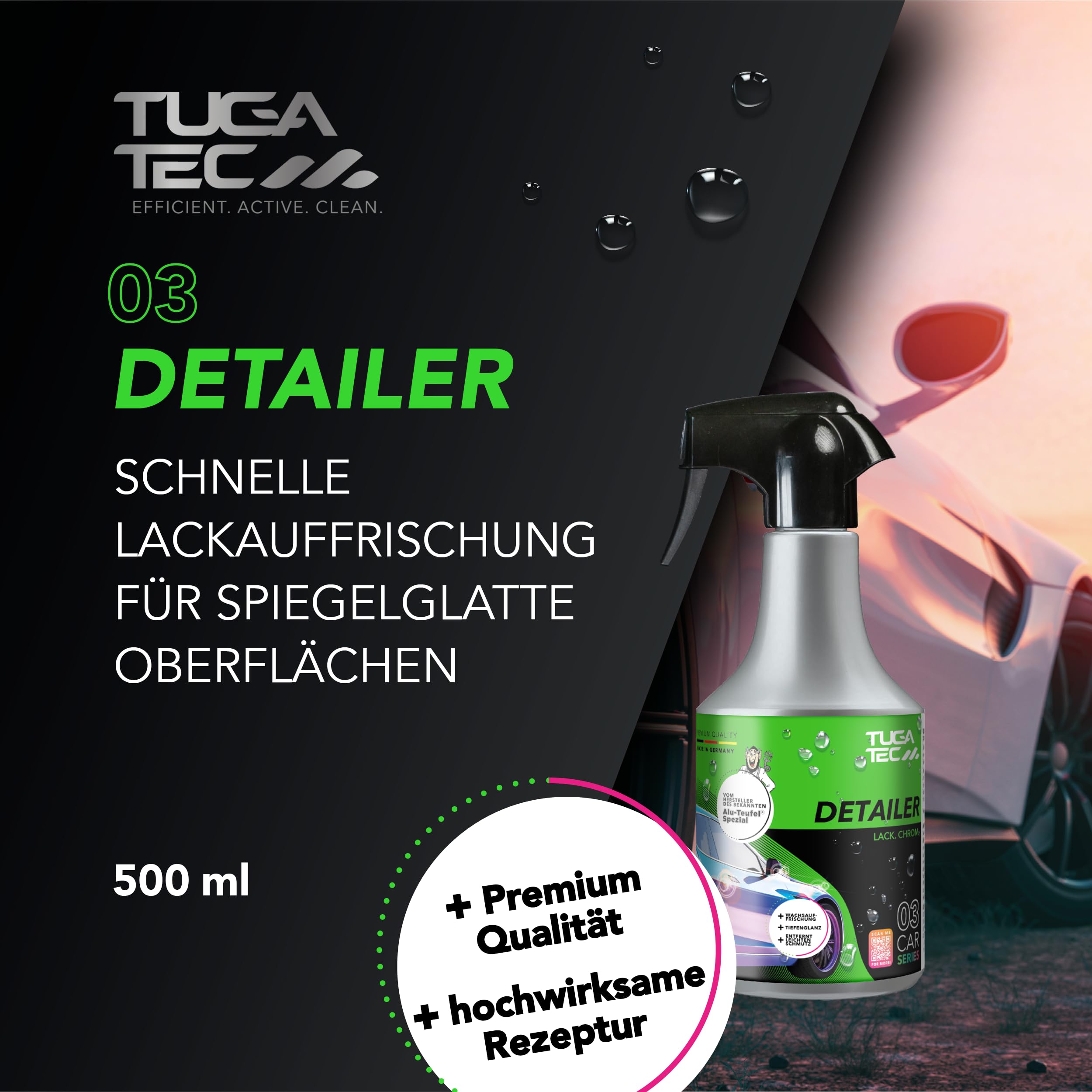 TUGA TEC Serie 5X 500 ml Profi Bundle, Felgenreiniger, Detailer, Interieur | Insektenentferner, Glasreiniger im Set mit hoher Haftwirkung, gründlich, schonend & effizient