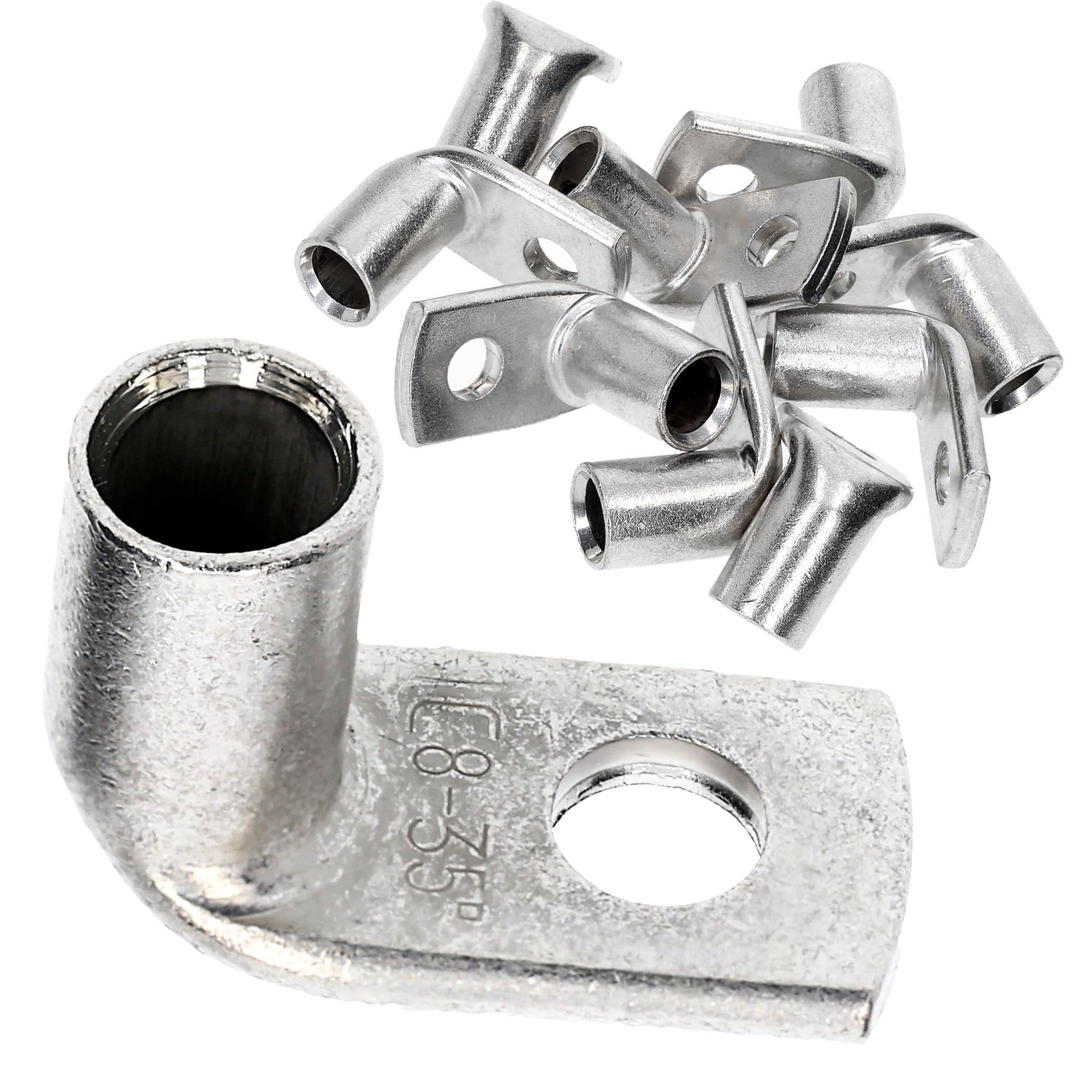 Kalitec 10x Cosse Tubulaire Coudée 35 mm² M8 - Connecteur à Sertir 90° | Cuivre étamé anticorrosion de haute pureté, certifié UL. Pour câbles de voiture, installations solaires et domestiques.
