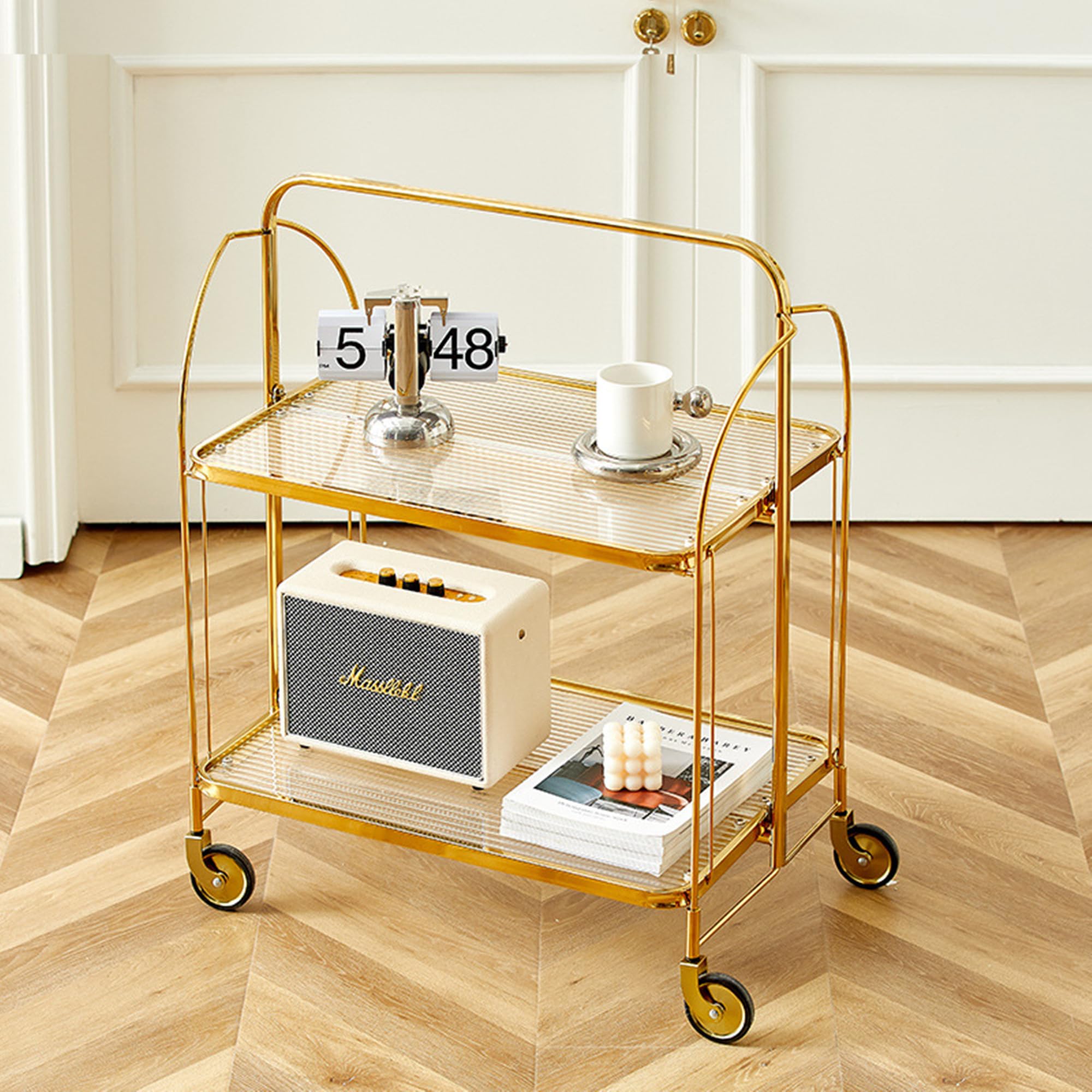 Modern Foldable Bar Cart, Home Bar Serving Cart, 2 Tier Rolling Cart with Lockable Wheels, 2 Glass Storage Tray, for Living Room, Kitchen, Bedroom,