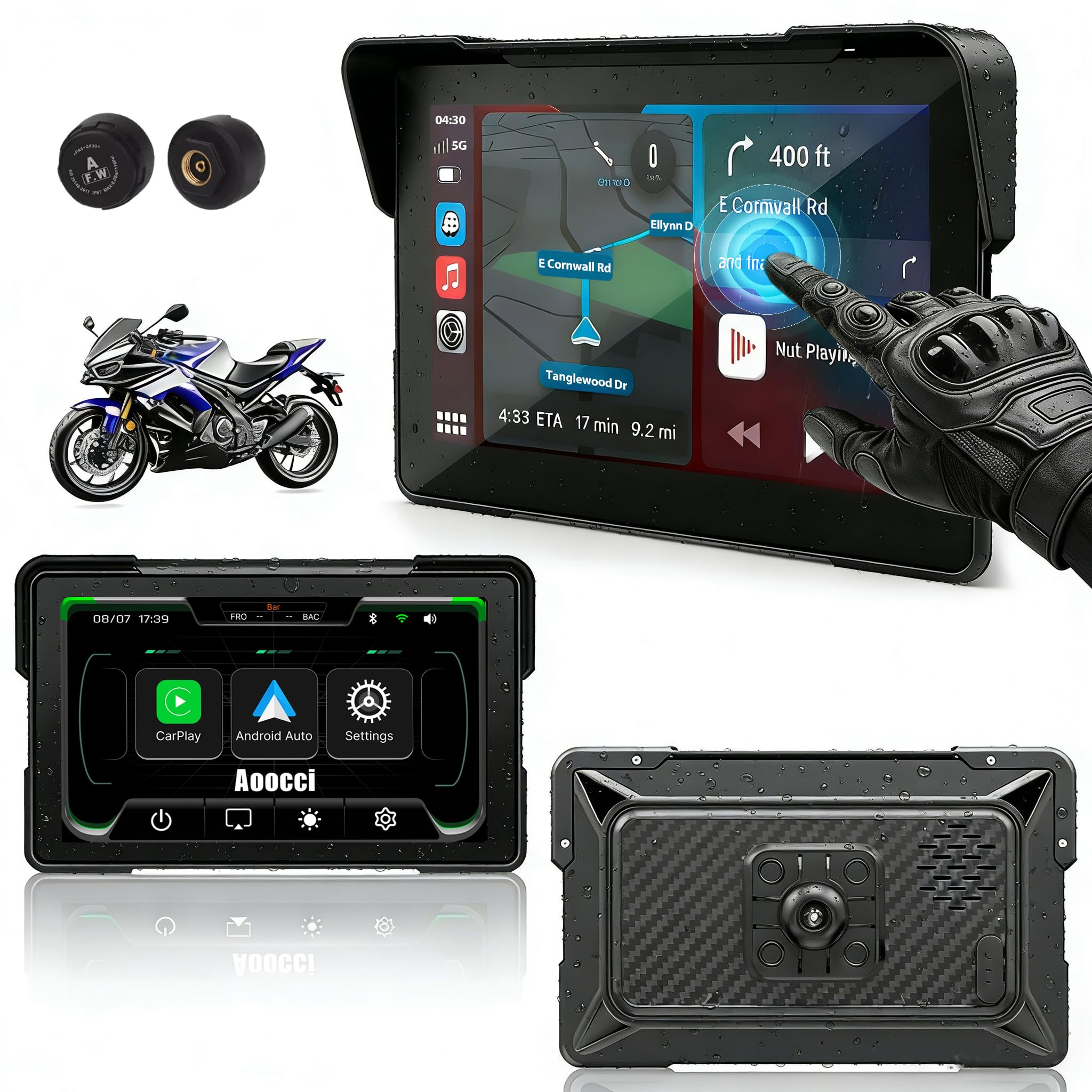 C7 Motorcycle Carplay, GPS Navigation System with Apple CarPlay &amp; Android Auto, 7-inch HD Touchscreen for Motorcycle, IP67 Waterproof, Support Dual Bluetooth, Smartphone Mirroring(C7 with TPMS)