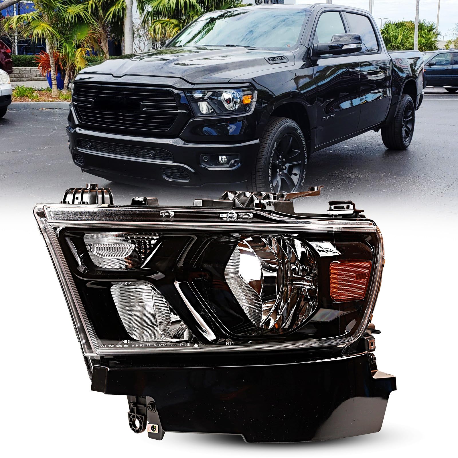 Driver Side Headlight Assembly for 2019-2023 Dodge Ram 1500 Halogen Model Only, Factory Style Reflector High Low Beam Ram Head Light Replacement, Left Side Only