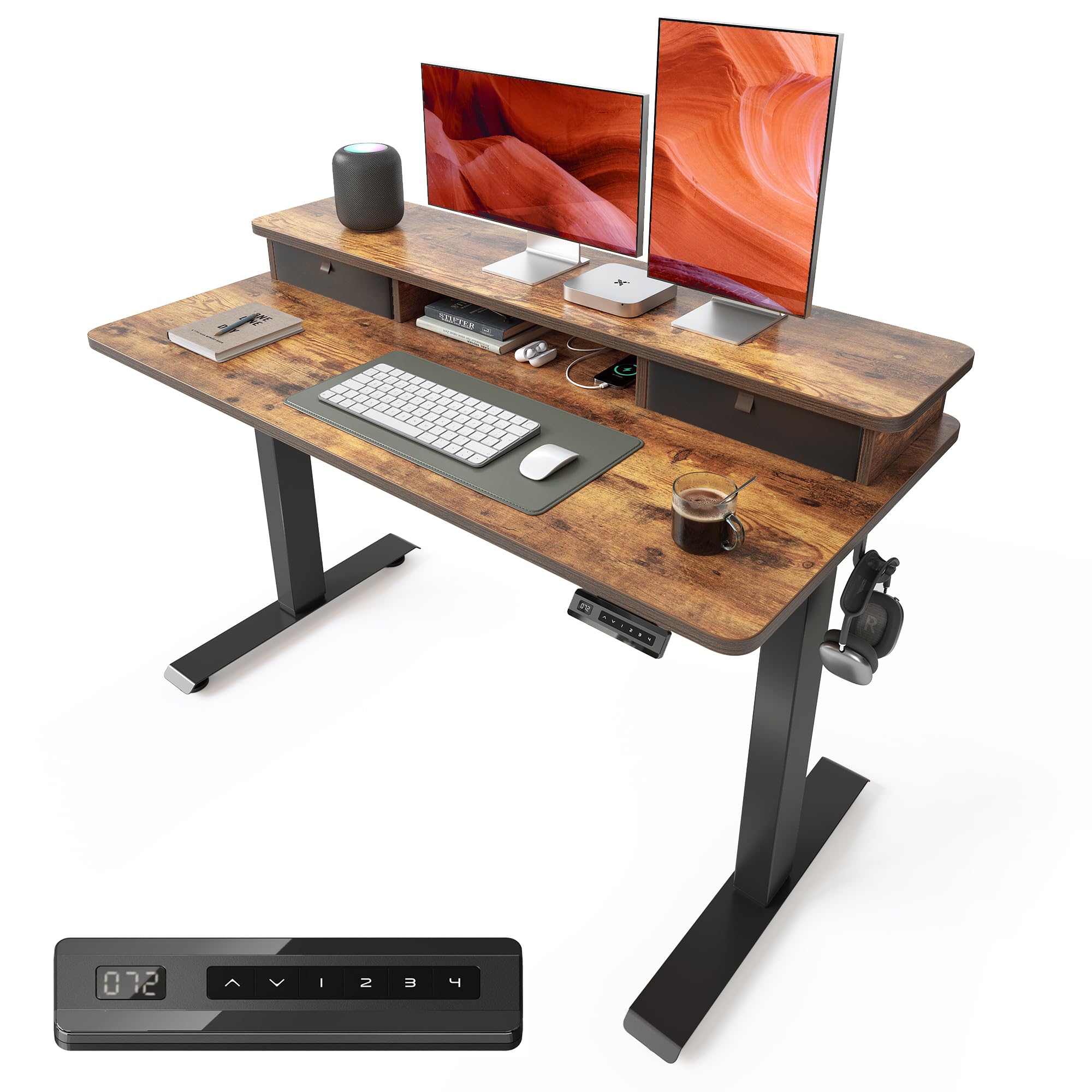 BANTI 48x24 Inch Electric Height Adjustable Standing Desk, Home Office Computer Desk with Double Storage Drawers, 4 Adjustable Feet & 2 Hooks, Rustic Brown