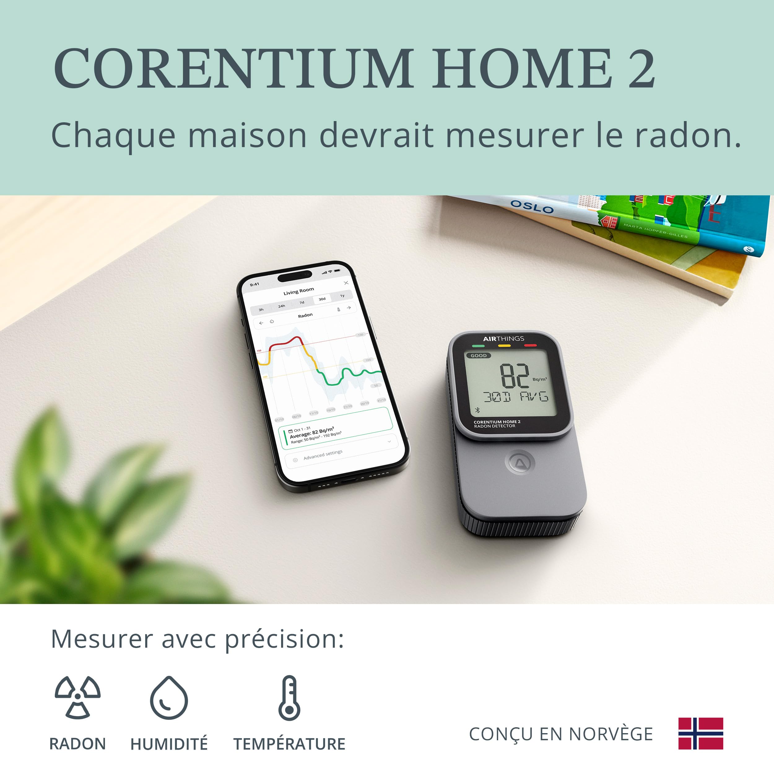 Corentium Home 2 Airthings - Détecteur de Radon numérique Intelligent - Portable et Facile à Utiliser avec connectivité Bluetooth et capteurs d'humidité et de température